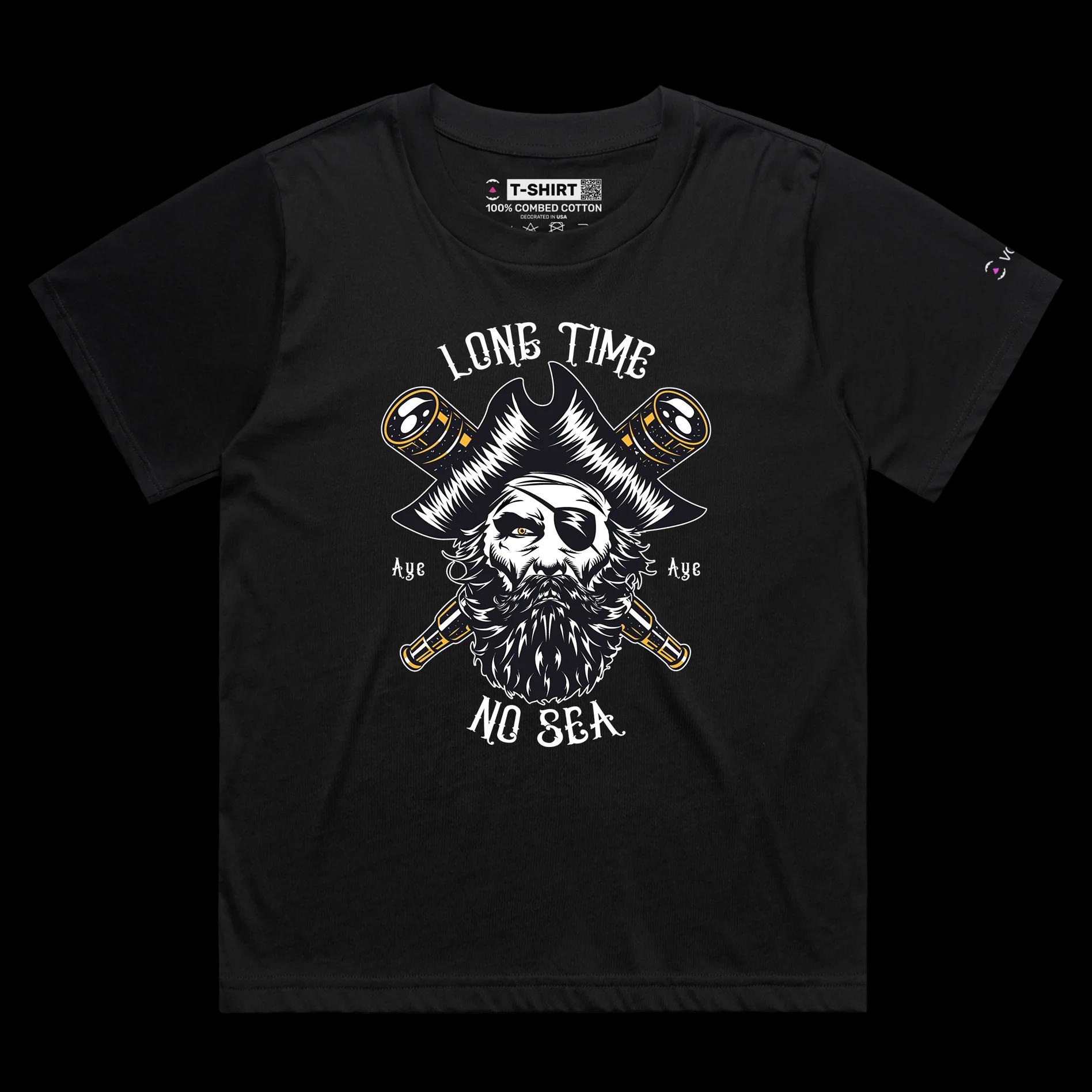 VOICEART Black Female Loose Pirate with an Eye Patch Funny T-Shirt with Premium Graphic Design Long Time No Sea Tee