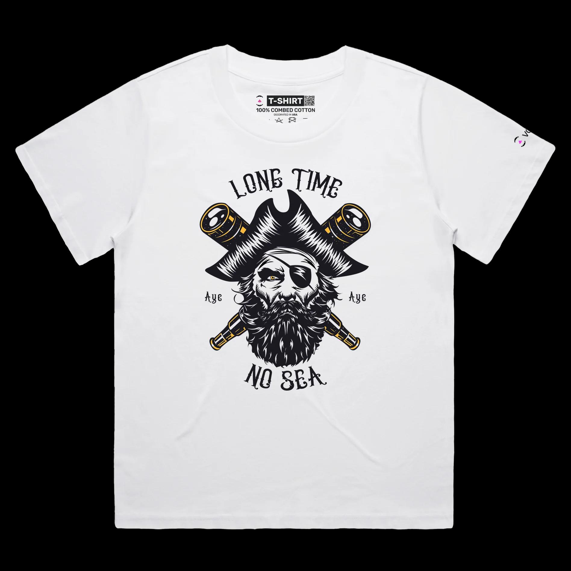 VOICEART White Female Loose Pirate with an Eye Patch Funny T-Shirt with Premium Graphic Design Long Time No Sea Tee