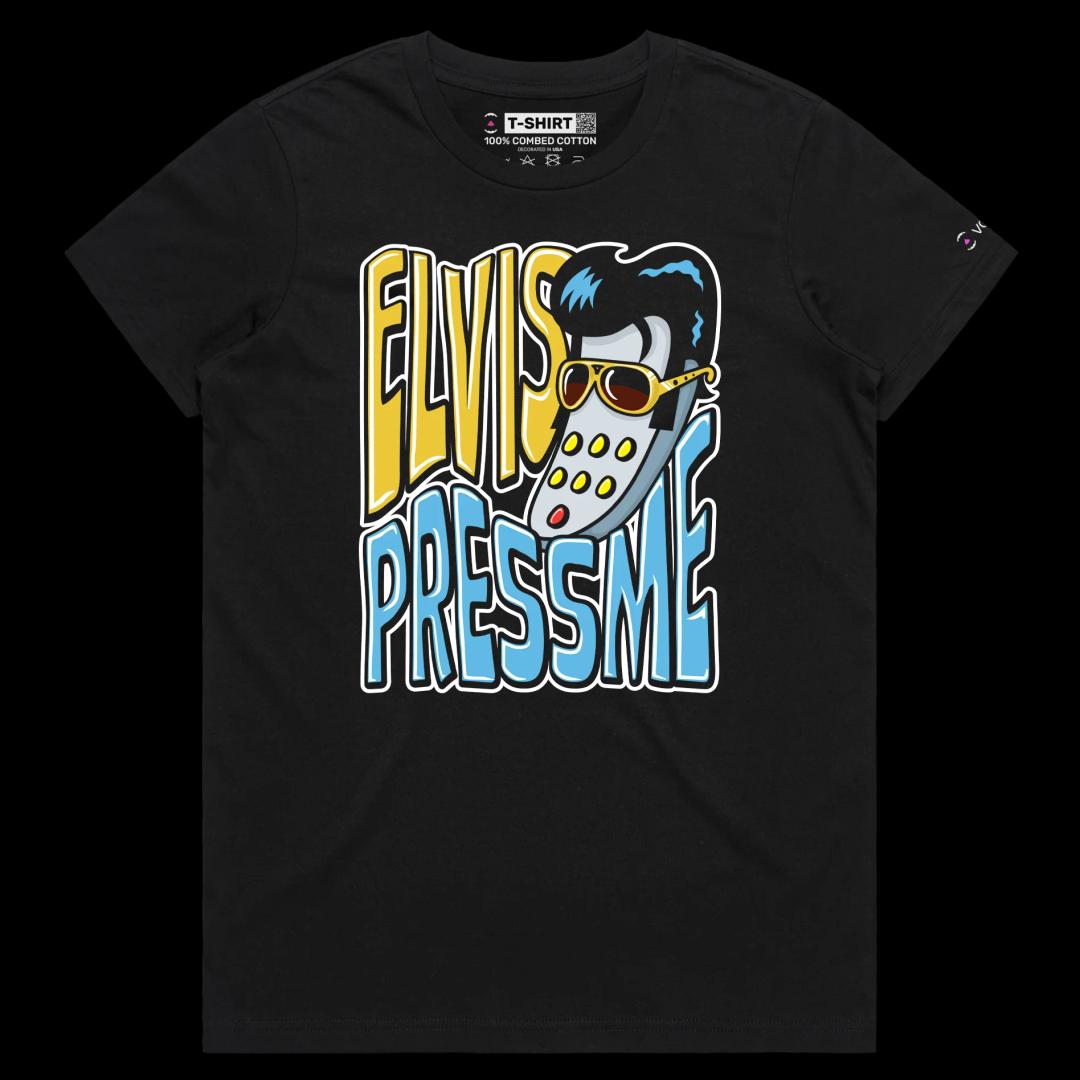 VOICEART Black Female Regular Elvis as a Remote Control Funny T-Shirt with Premium Graphic Popular Singer and Press Me Tee