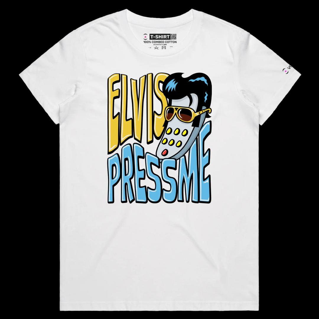 VOICEART White Female Regular Elvis as a Remote Control Funny T-Shirt with Premium Graphic Popular Singer and Press Me Tee