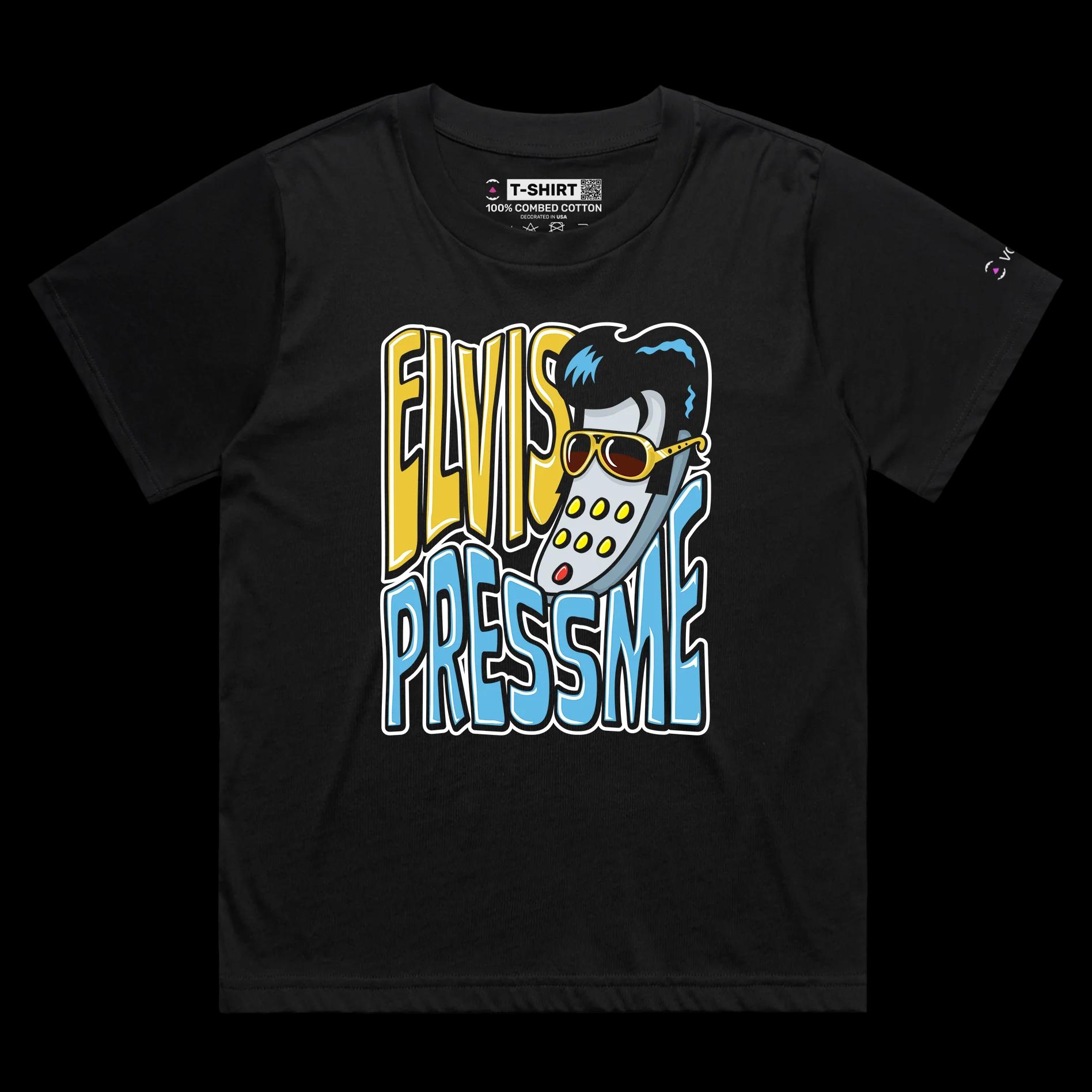 VOICEART Black Female Loose Elvis as a Remote Control Funny T-Shirt with Premium Graphic Popular Singer and Press Me Tee