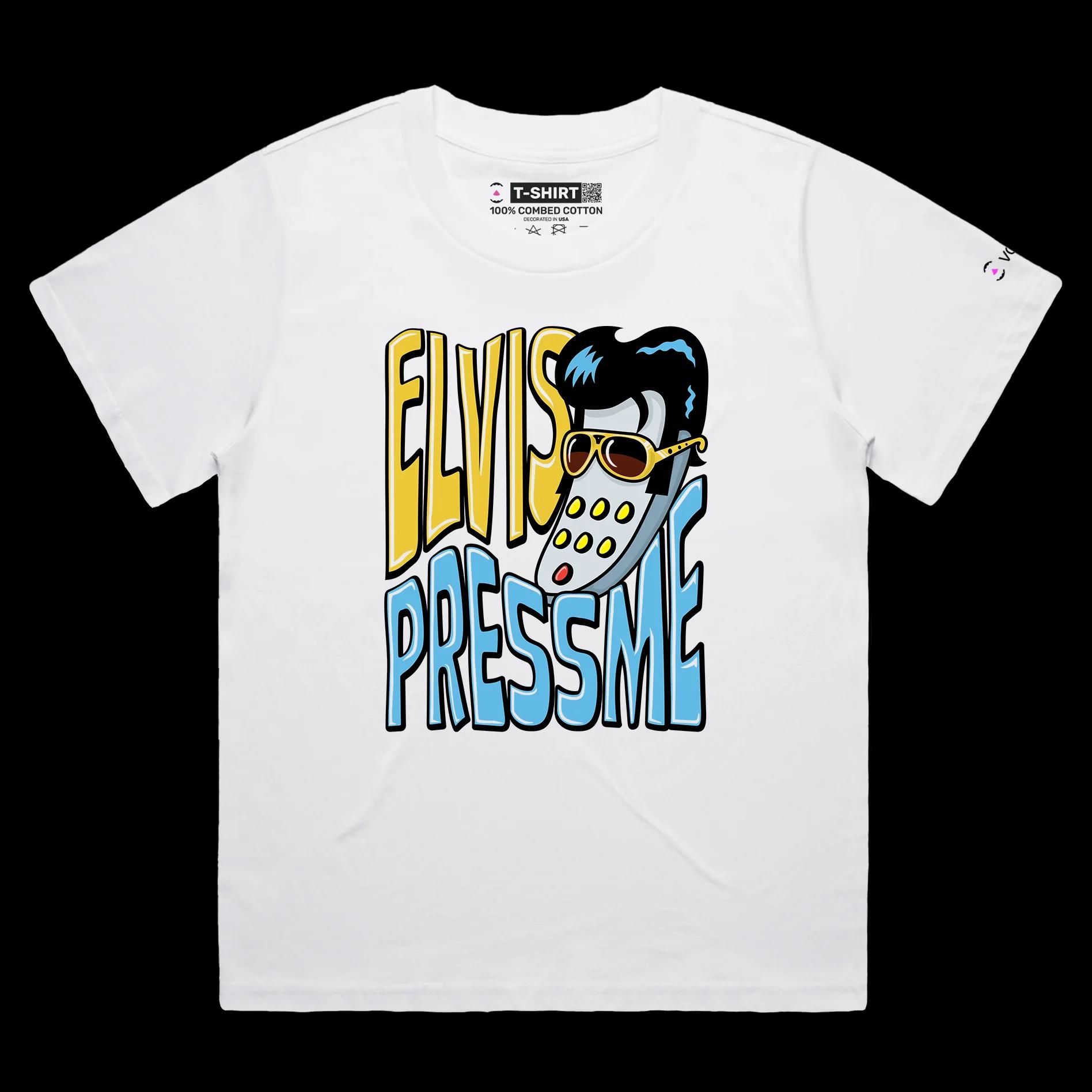 VOICEART White Female Loose Elvis as a Remote Control Funny T-Shirt with Premium Graphic Popular Singer and Press Me Tee