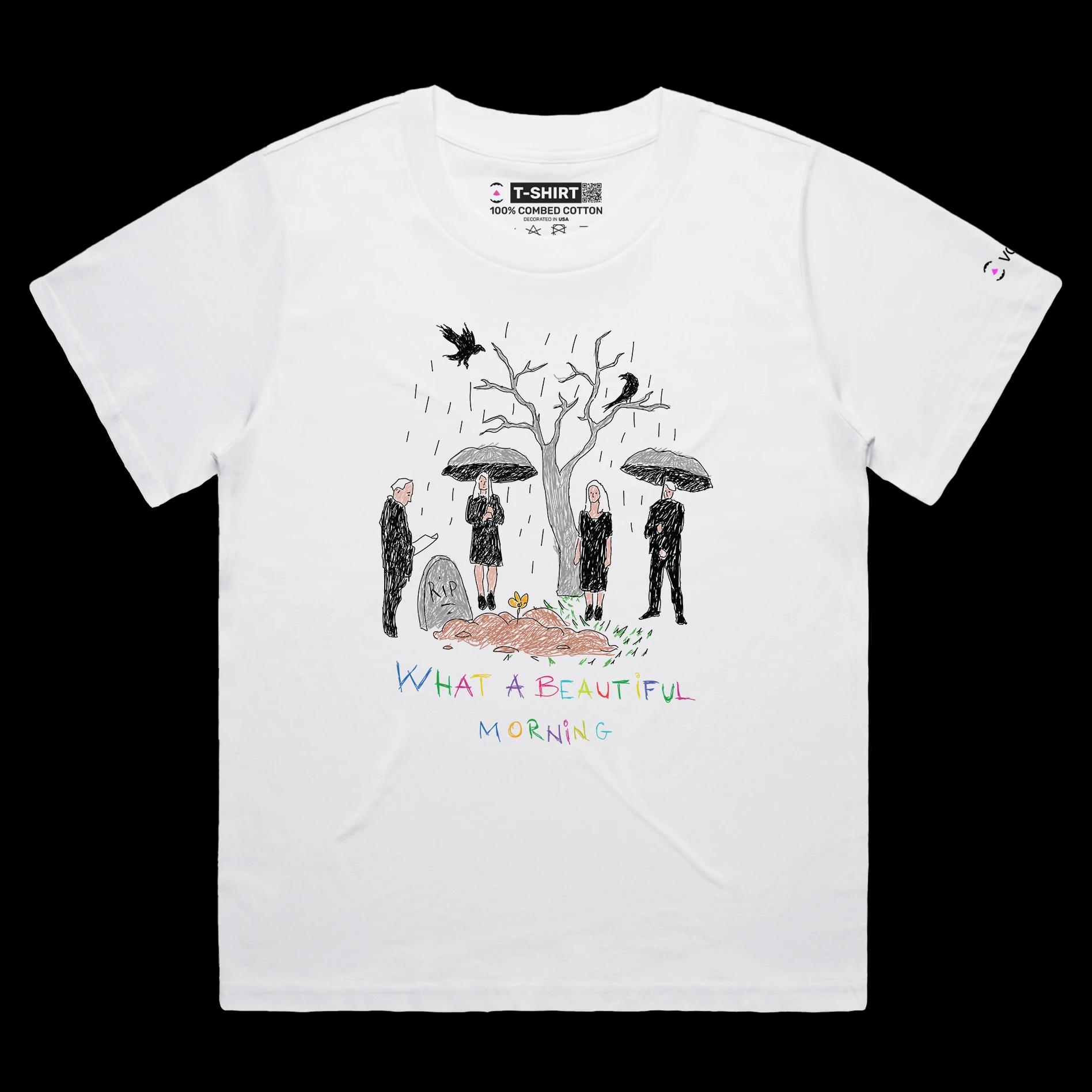 VOICEART White Female Loose Beautiful Morning at the Cemetery Dark Humor T-Shirt Premium Graphic Death and Funeral Tee