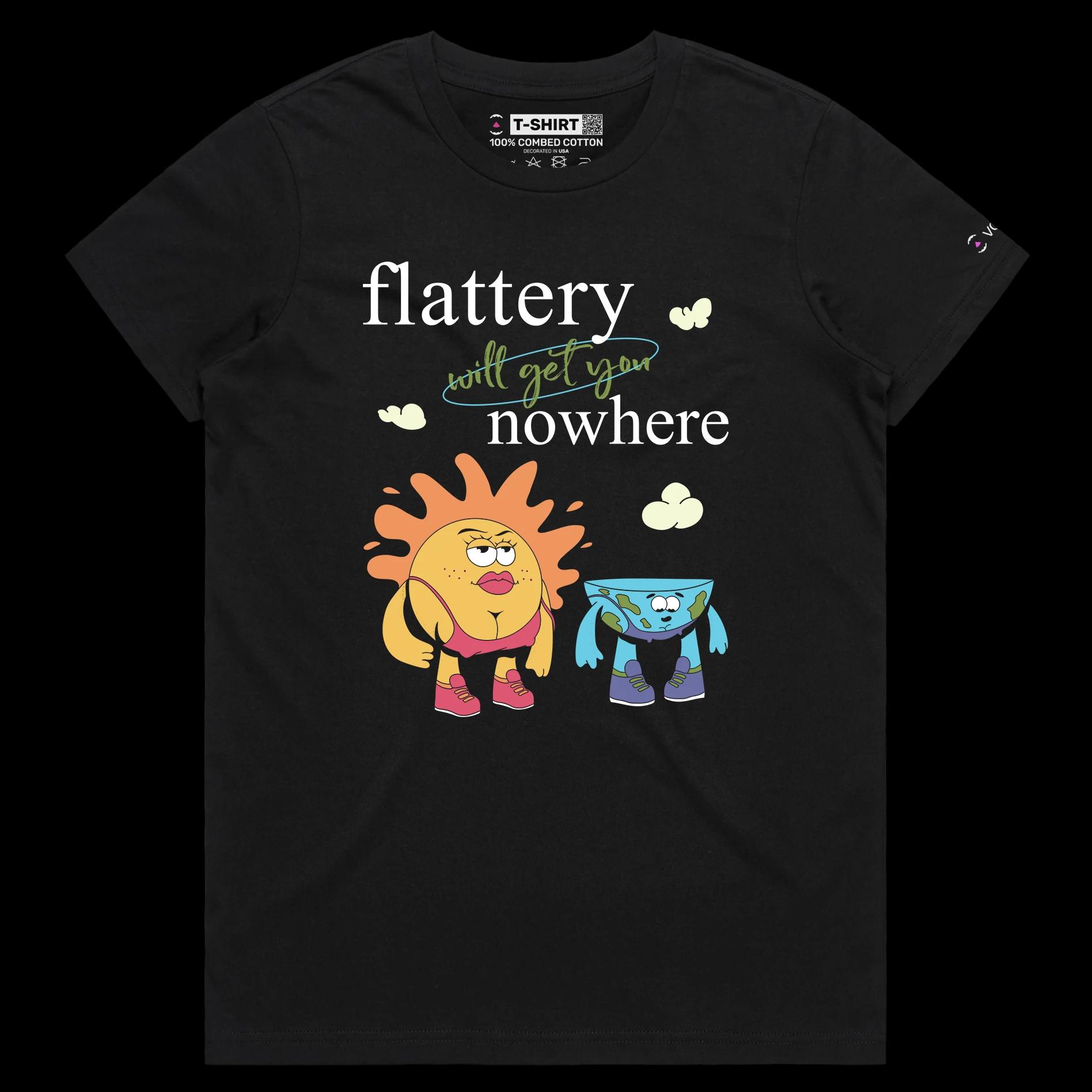 VOICEART Black Female Regular Earth and Sun Funny Graphic T-Shirt with Premium Quality Design Flat Earther Conspiracy Tee