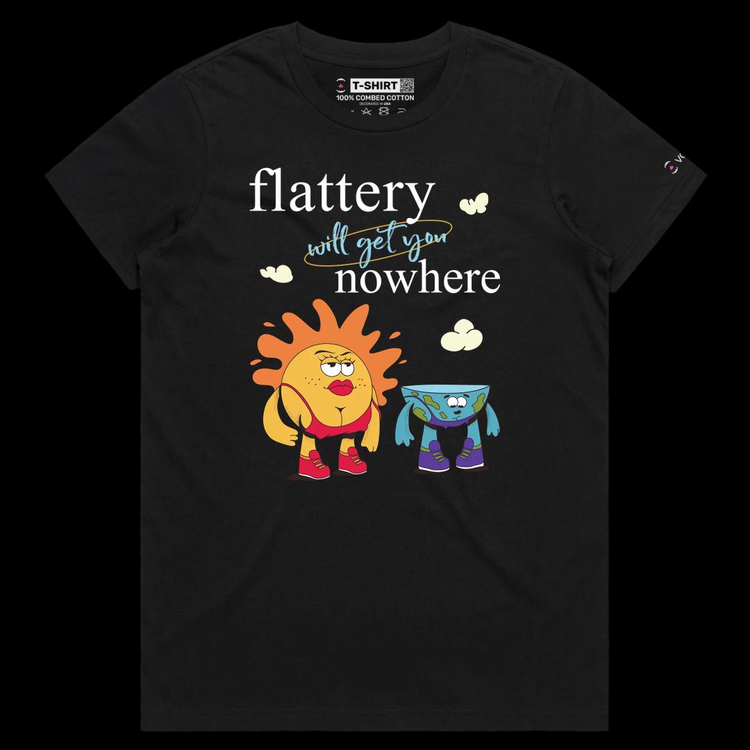 VOICEART Black Female Regular Earth and Sun Funny Graphic T-Shirt with Premium Quality Design Flat Earther Conspiracy Tee