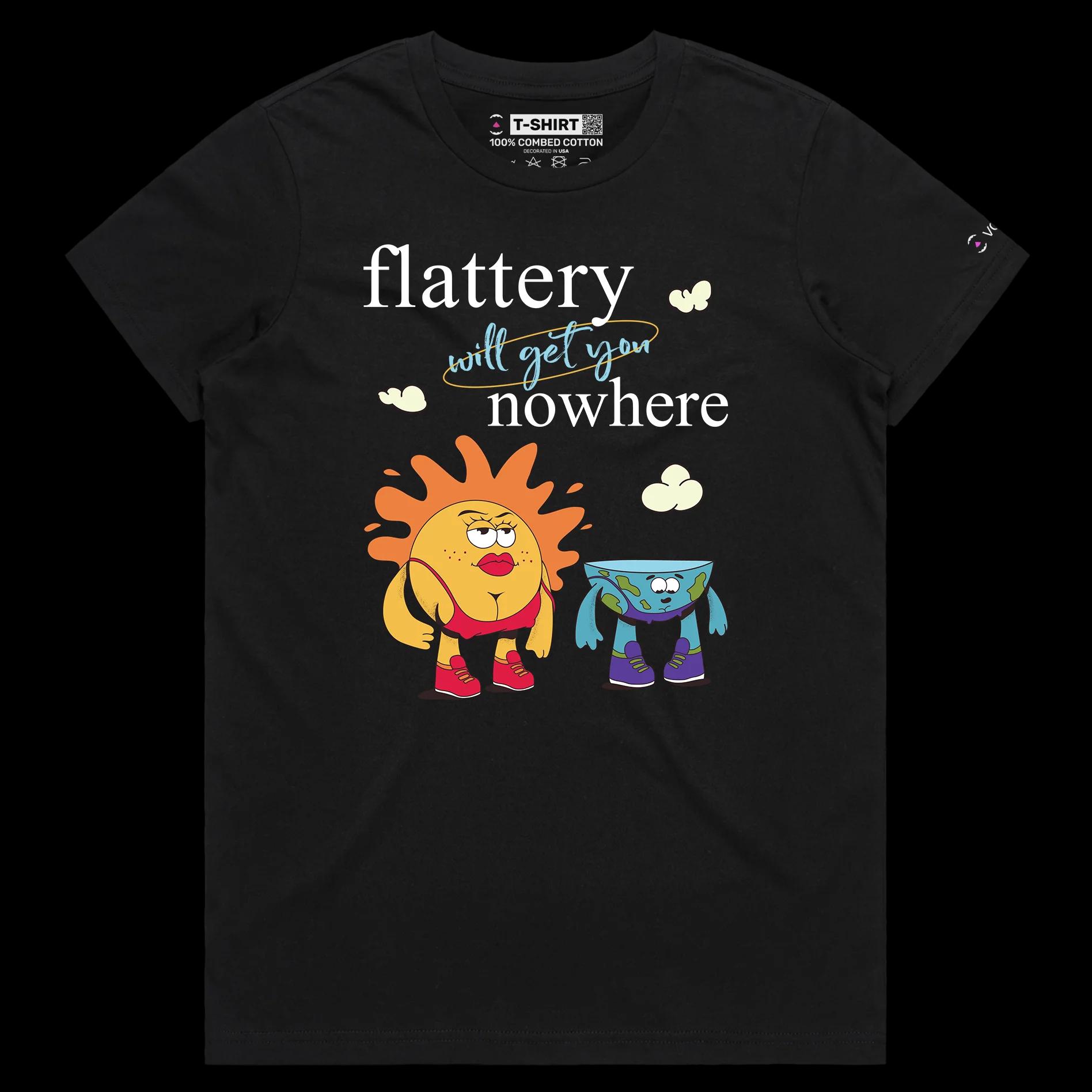 VOICEART Black Female Regular Earth and Sun Funny Graphic T-Shirt with Premium Quality Design Flat Earther Conspiracy Tee