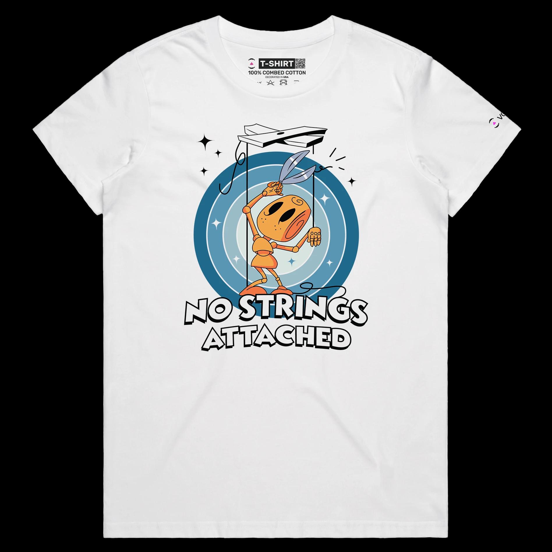 VOICEART White Female Regular Puppet Cutting String Funny shirt Premium No Strings Attached Freedom Tee with Play on Words