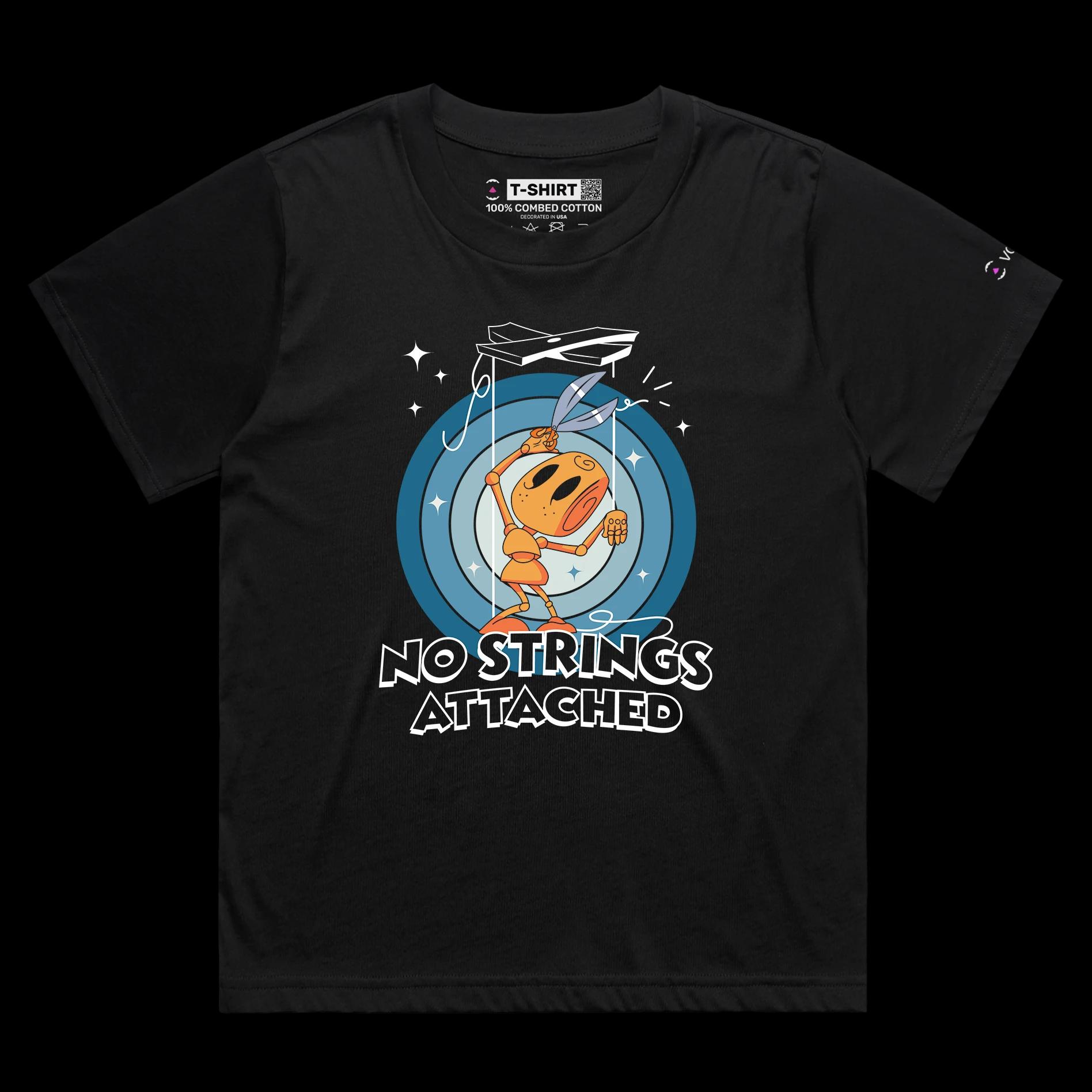 VOICEART Black Female Loose Puppet Cutting String Funny shirt Premium No Strings Attached Freedom Tee with Play on Words