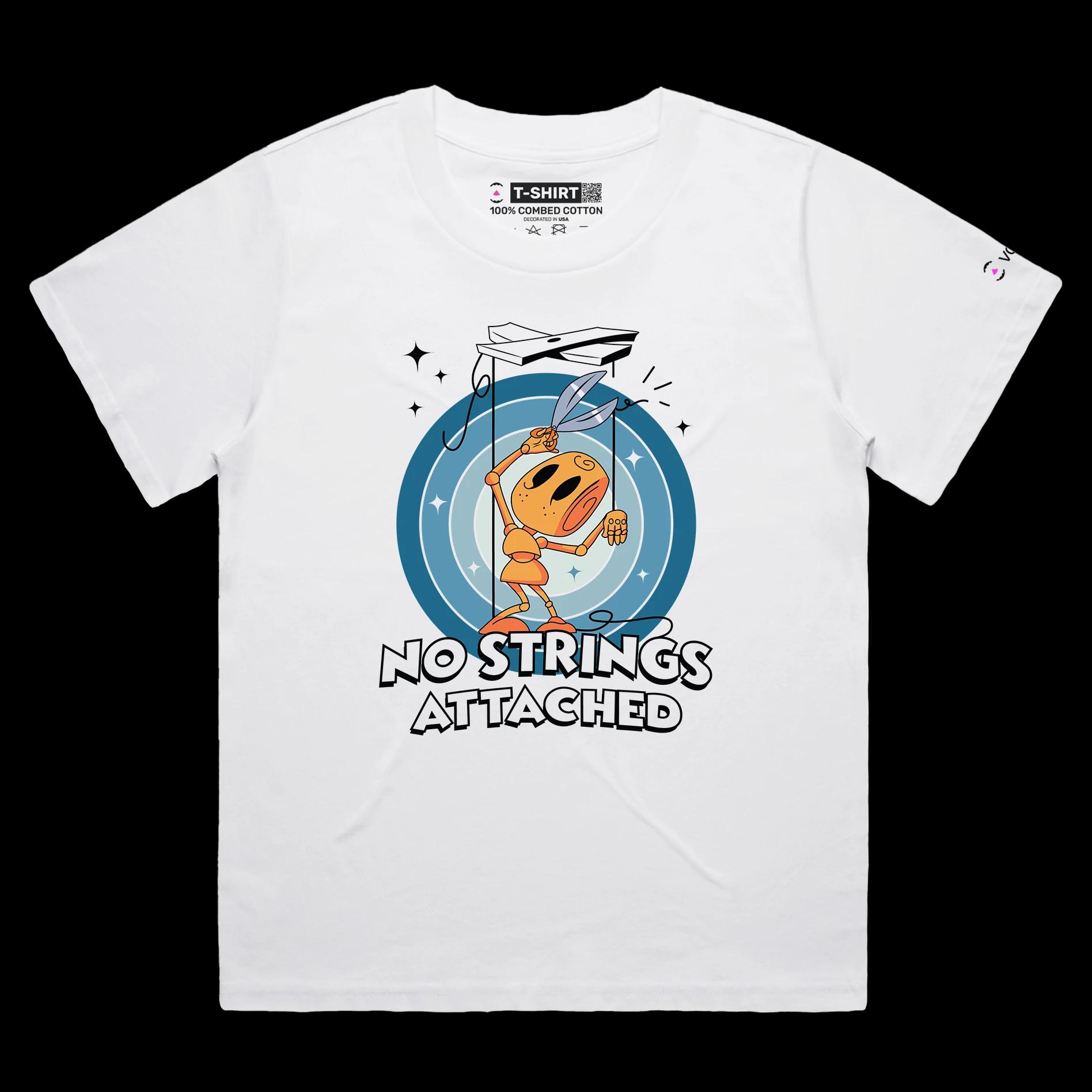 VOICEART White Female Loose Puppet Cutting String Funny shirt Premium No Strings Attached Freedom Tee with Play on Words