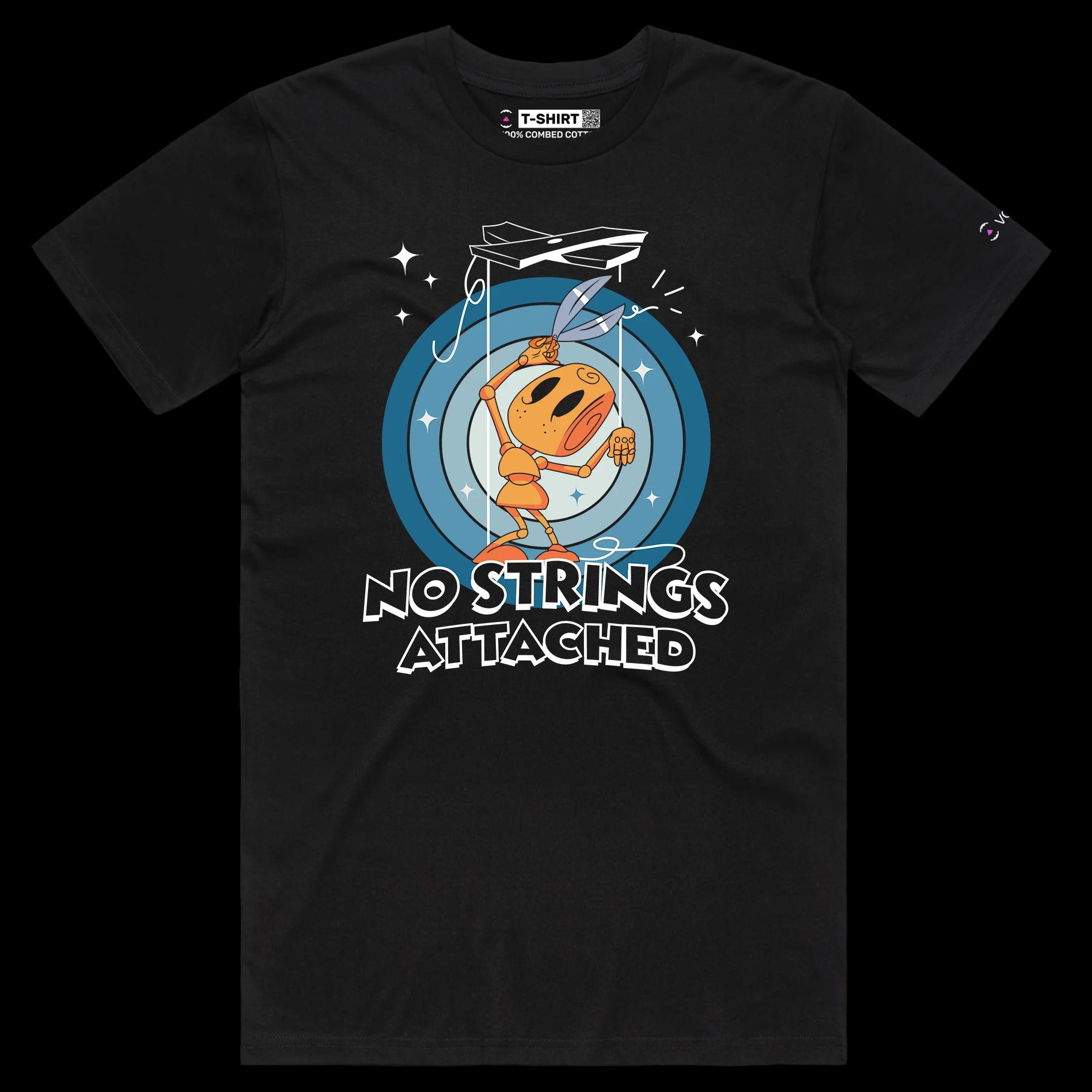 VOICEART Black Male Regular Puppet Cutting String Funny shirt Premium No Strings Attached Freedom Tee with Play on Words