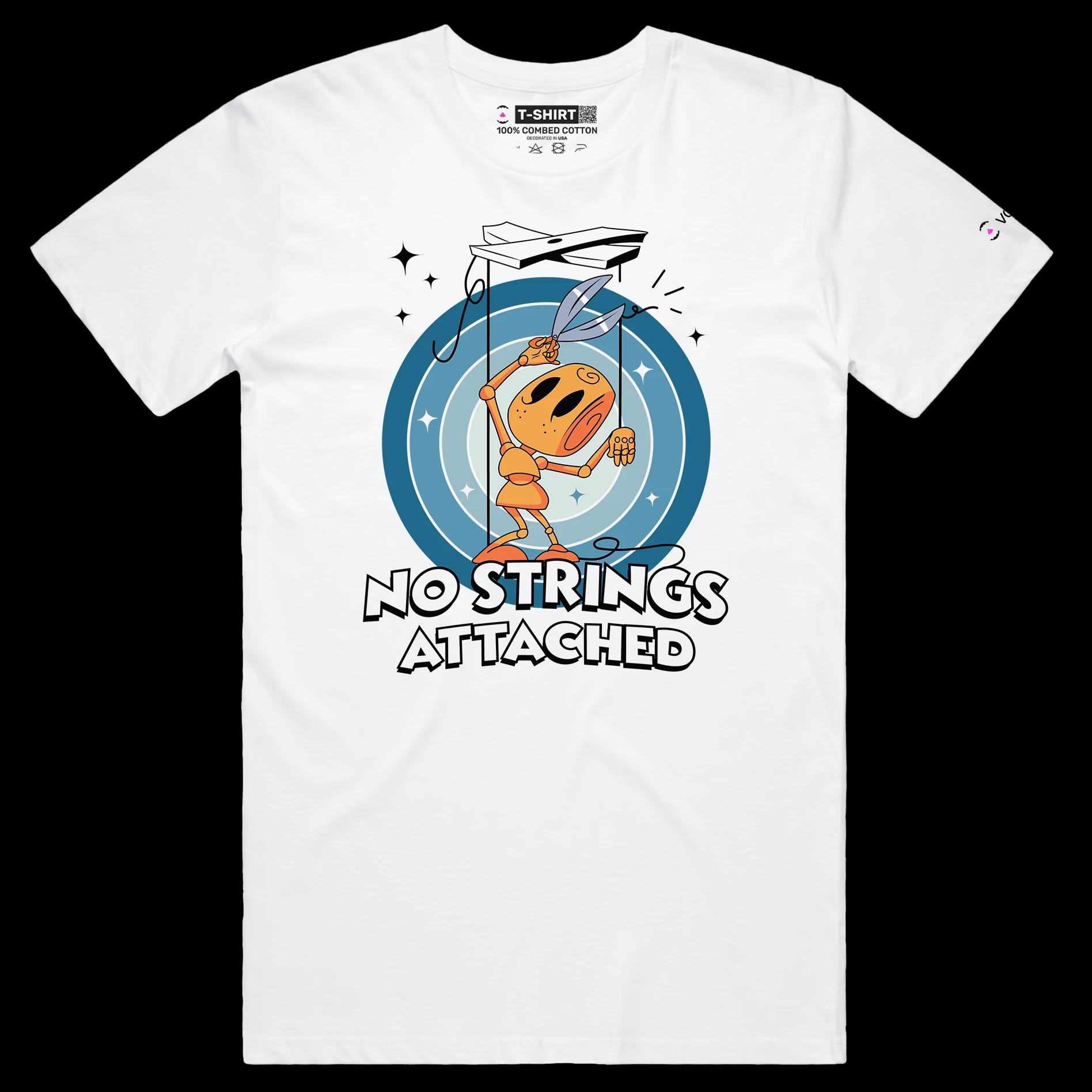 VOICEART White Male Regular Puppet Cutting String Funny shirt Premium No Strings Attached Freedom Tee with Play on Words