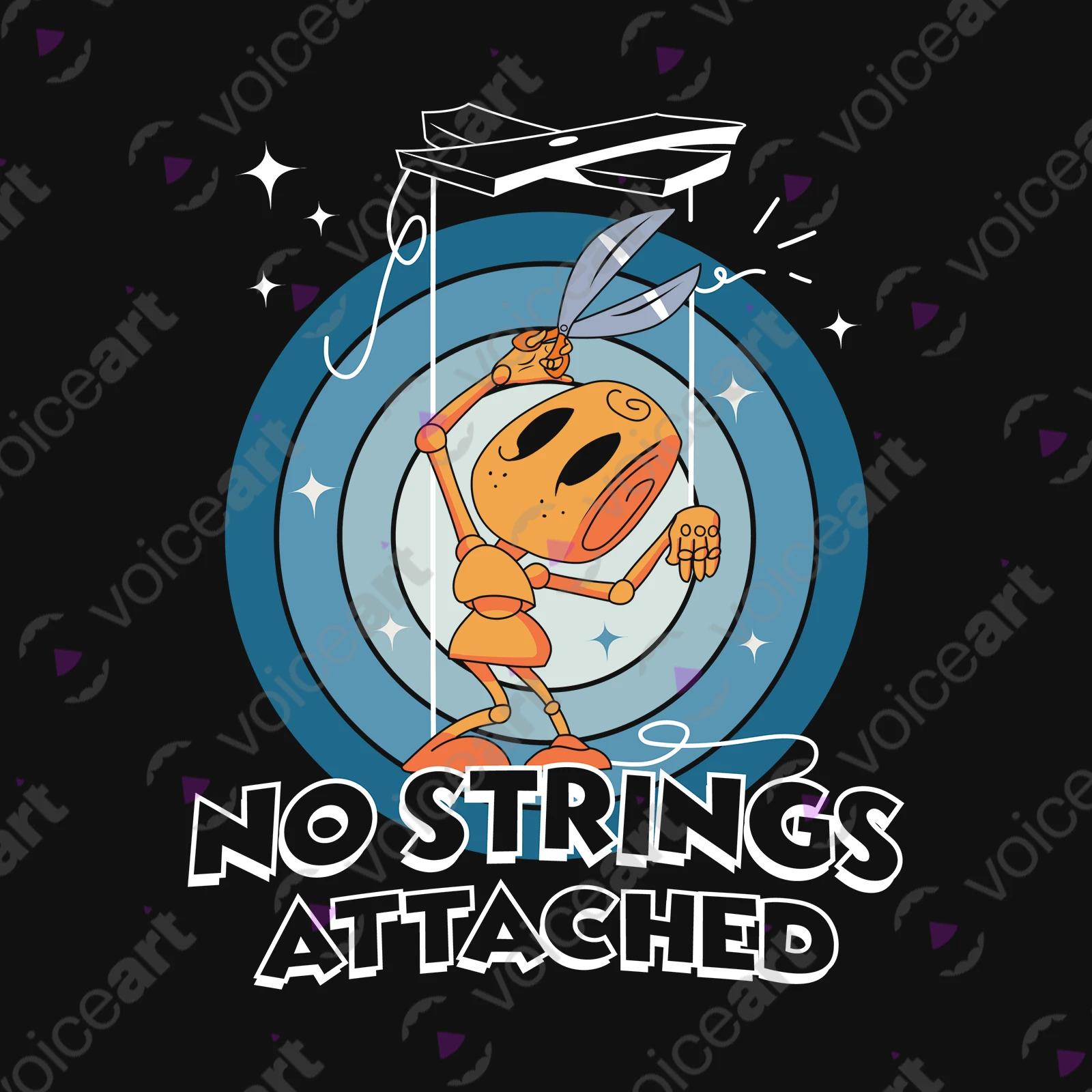 VOICEART Black Watermark Puppet Cutting String Funny shirt Premium No Strings Attached Freedom Tee with Play on Words