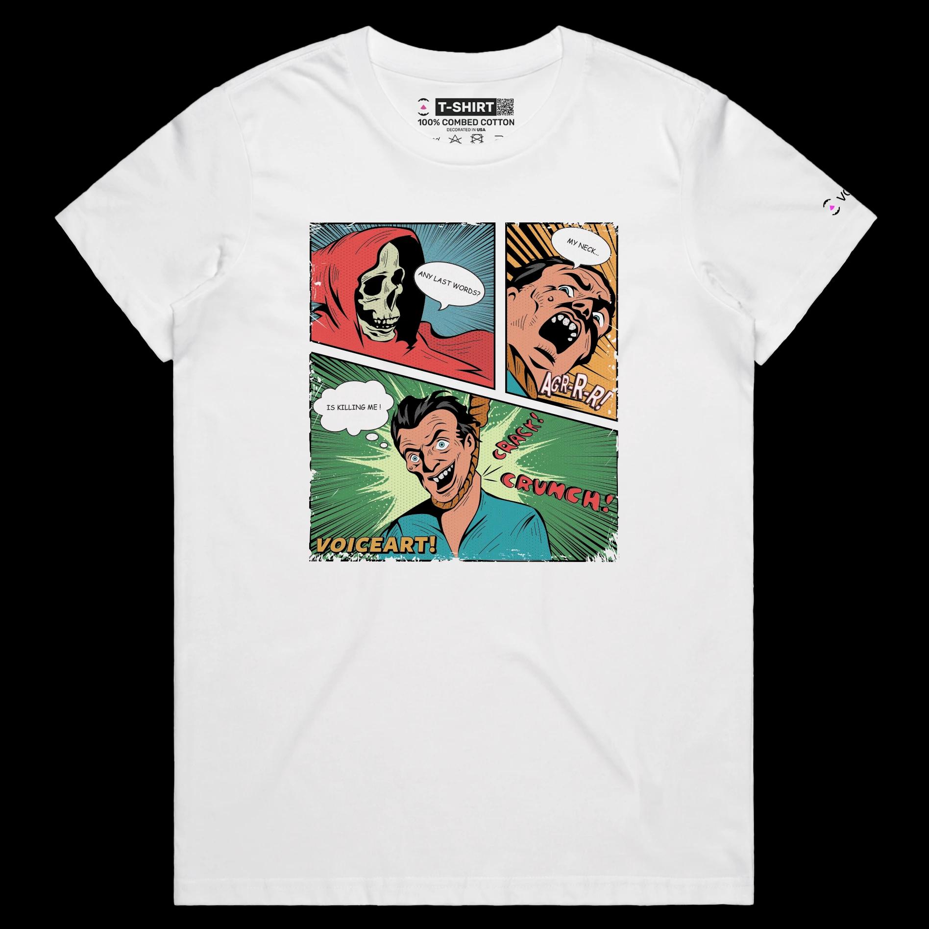 VOICEART White Female Regular Retro Comic Toon Style Funny Shirt Premium Quality Graphic Death by Hanging Dark Humor Tee