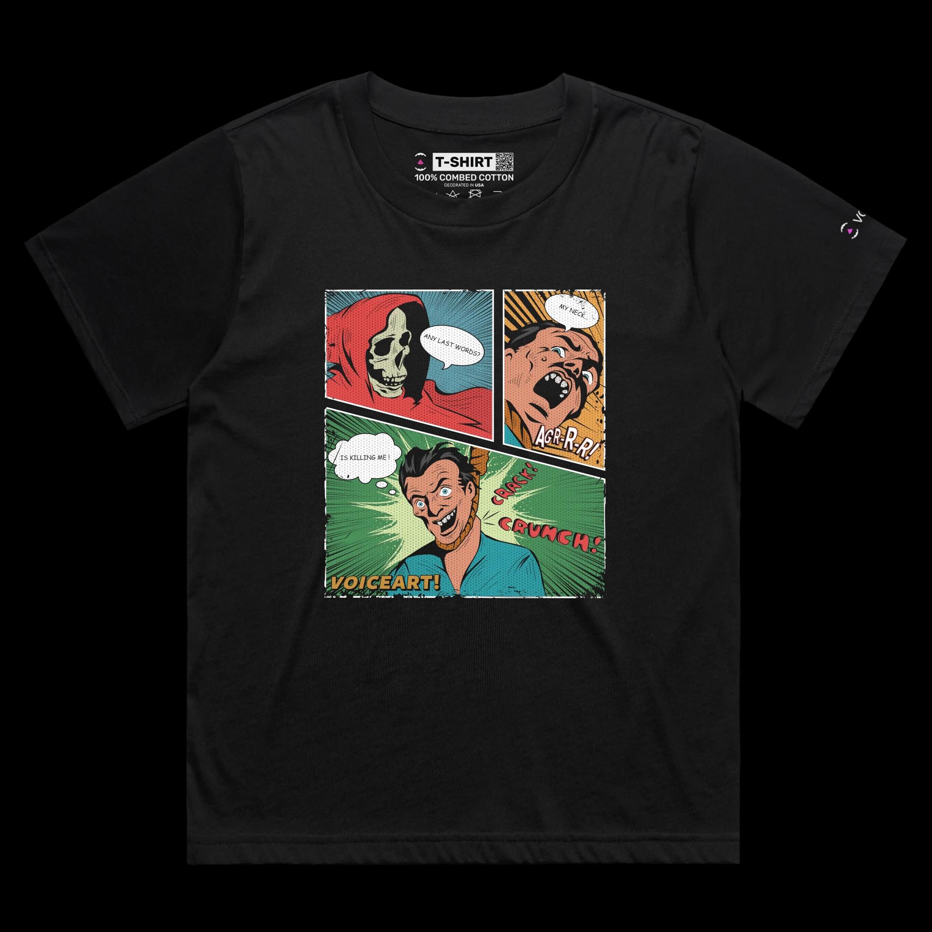 VOICEART Black Female Loose Retro Comic Toon Style Funny Shirt Premium Quality Graphic Death by Hanging Dark Humor Tee