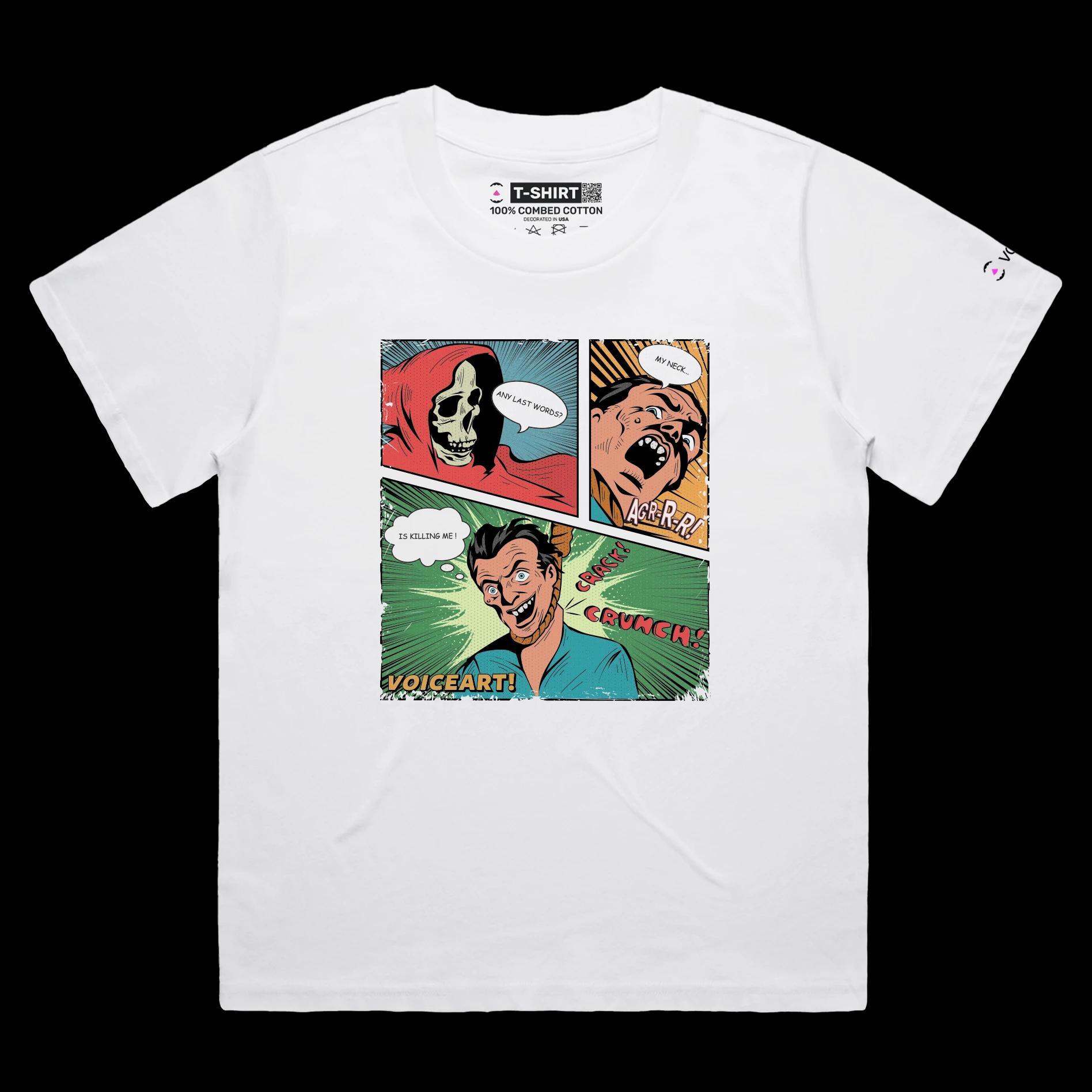 VOICEART White Female Loose Retro Comic Toon Style Funny Shirt Premium Quality Graphic Death by Hanging Dark Humor Tee