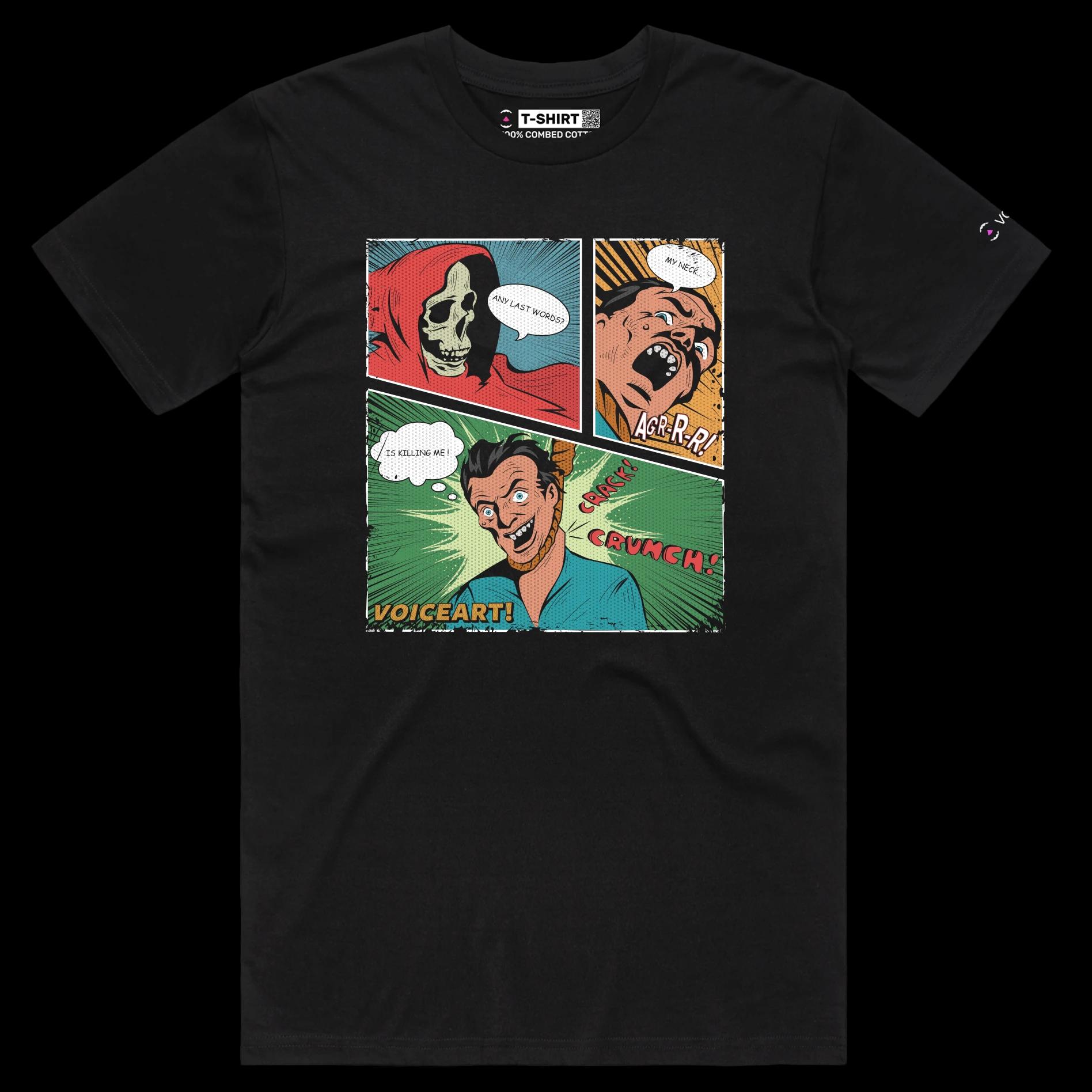 VOICEART Black Male Regular Retro Comic Toon Style Funny Shirt Premium Quality Graphic Death by Hanging Dark Humor Tee