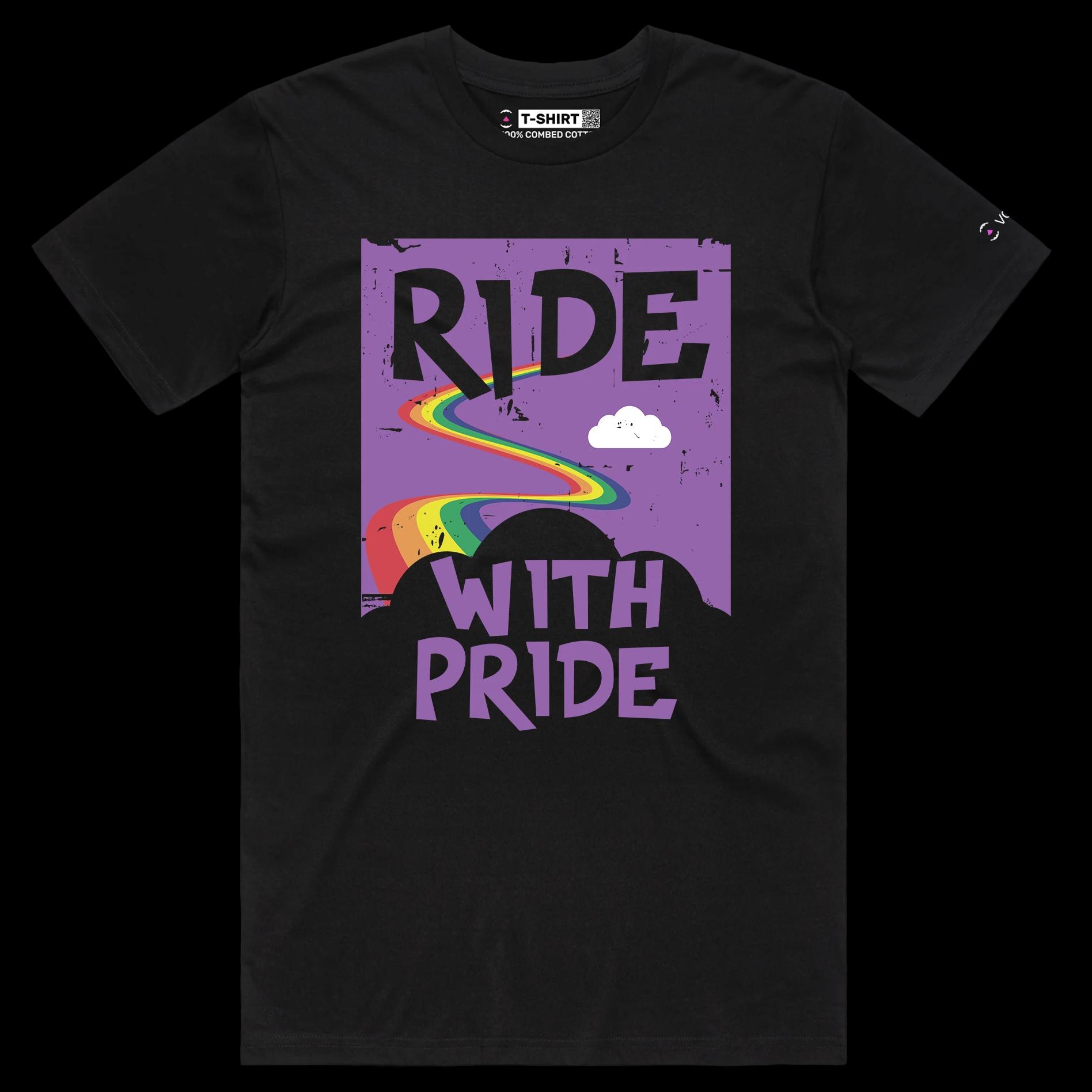 VOICEART Black Male Regular Ride with Pride Gay Lifestyle T-Shirt with Premium Graphic LGBTQ Rainbow Alliance Pride Tee