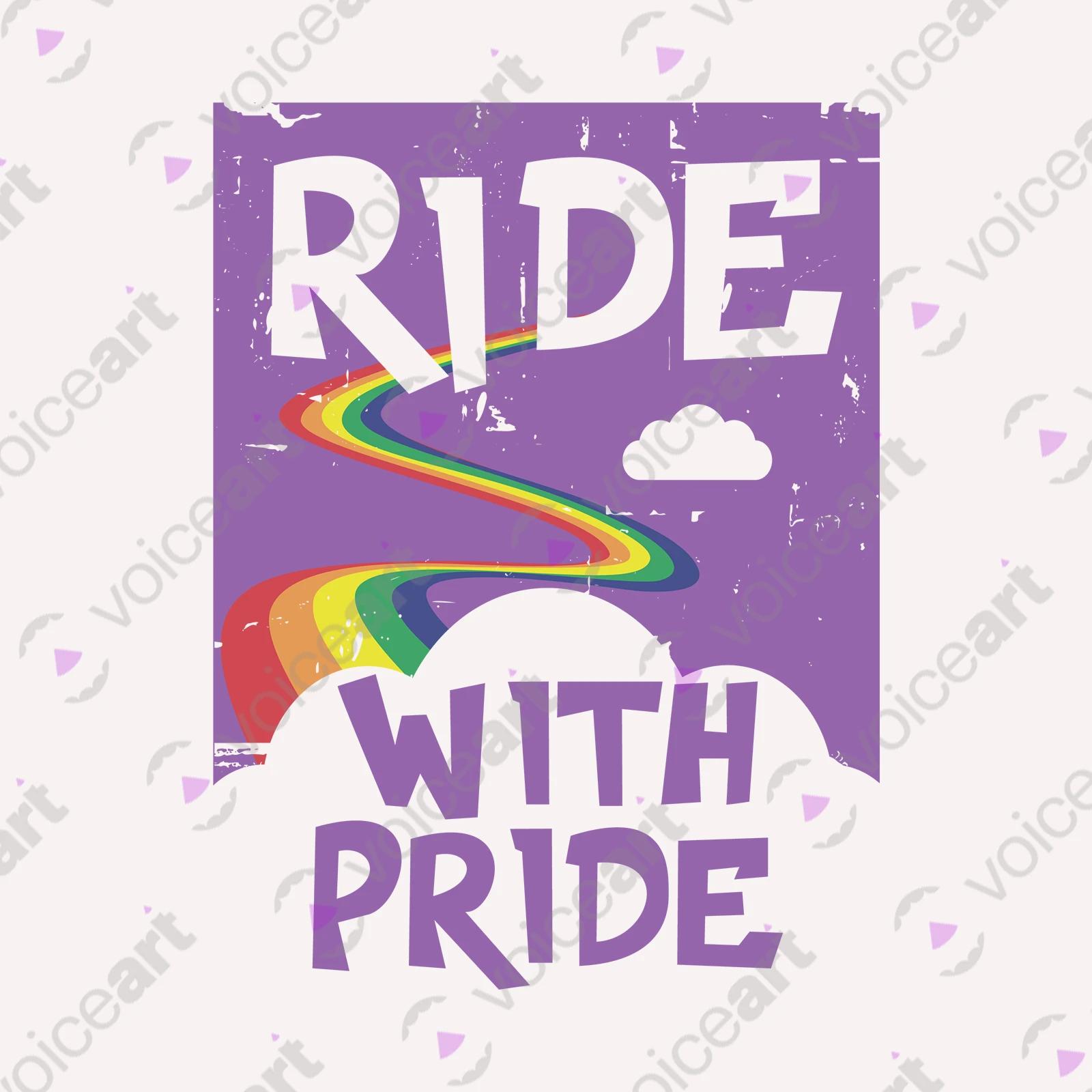 VOICEART White Watermark Ride with Pride Gay Lifestyle T-Shirt with Premium Graphic LGBTQ Rainbow Alliance Pride Tee