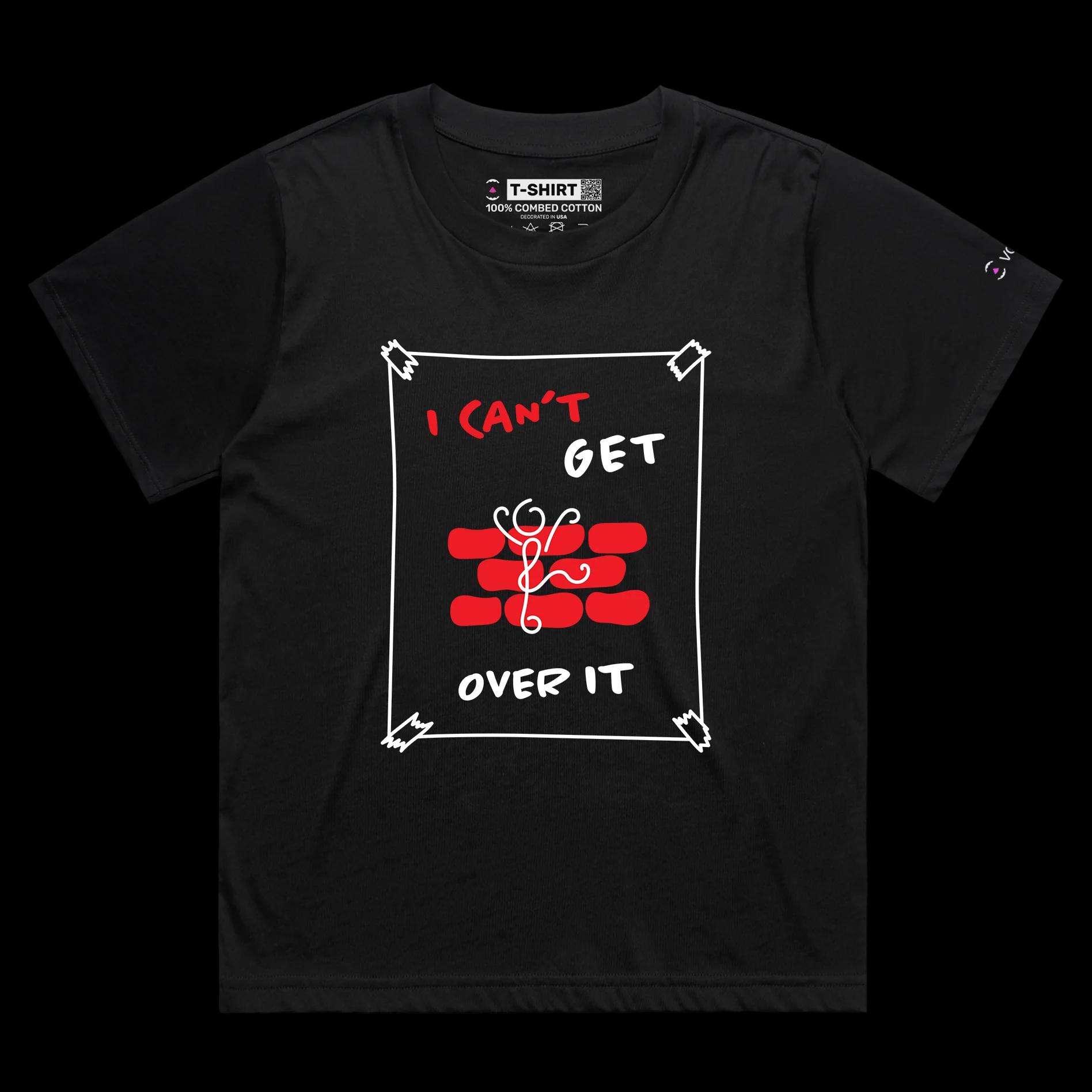 VOICEART Black Female Regular Stick Figure Climbing Wall Funny Shirt Premium Graphic Can’t Get Over It Tee Play on Words