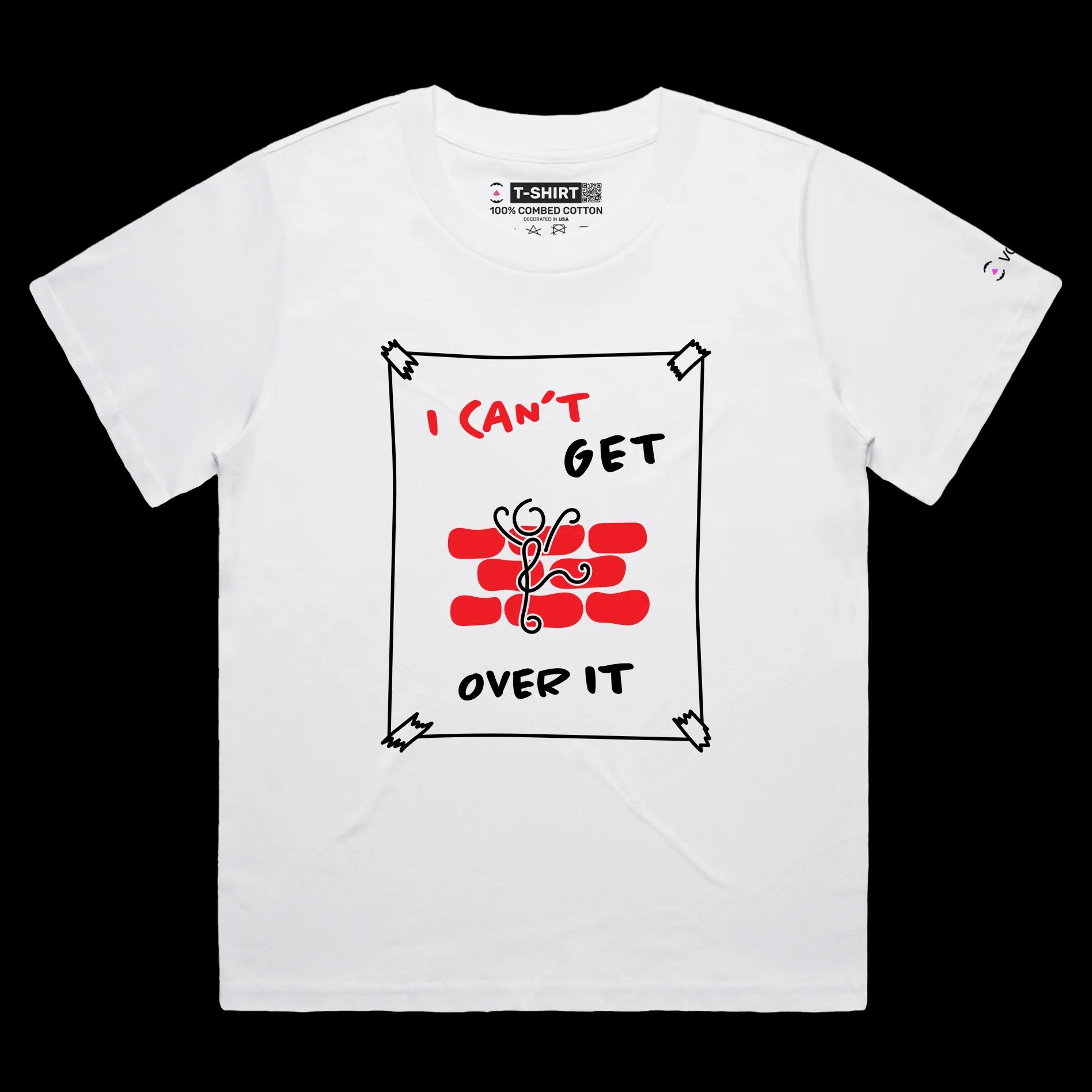 VOICEART White Female Loose Stick Figure Climbing Wall Funny Shirt Premium Graphic Can’t Get Over It Tee Play on Words