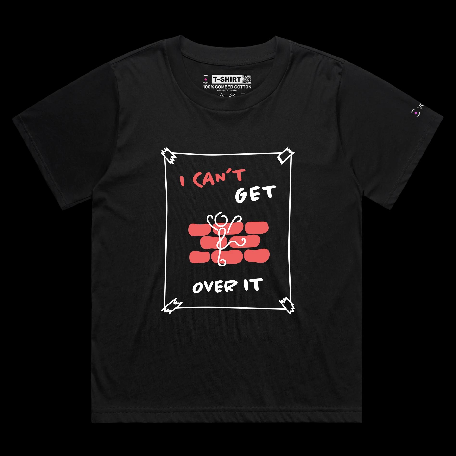 VOICEART Black Female Loose Stick Figure Climbing Wall Funny Shirt Premium Graphic Can’t Get Over It Tee Play on Words