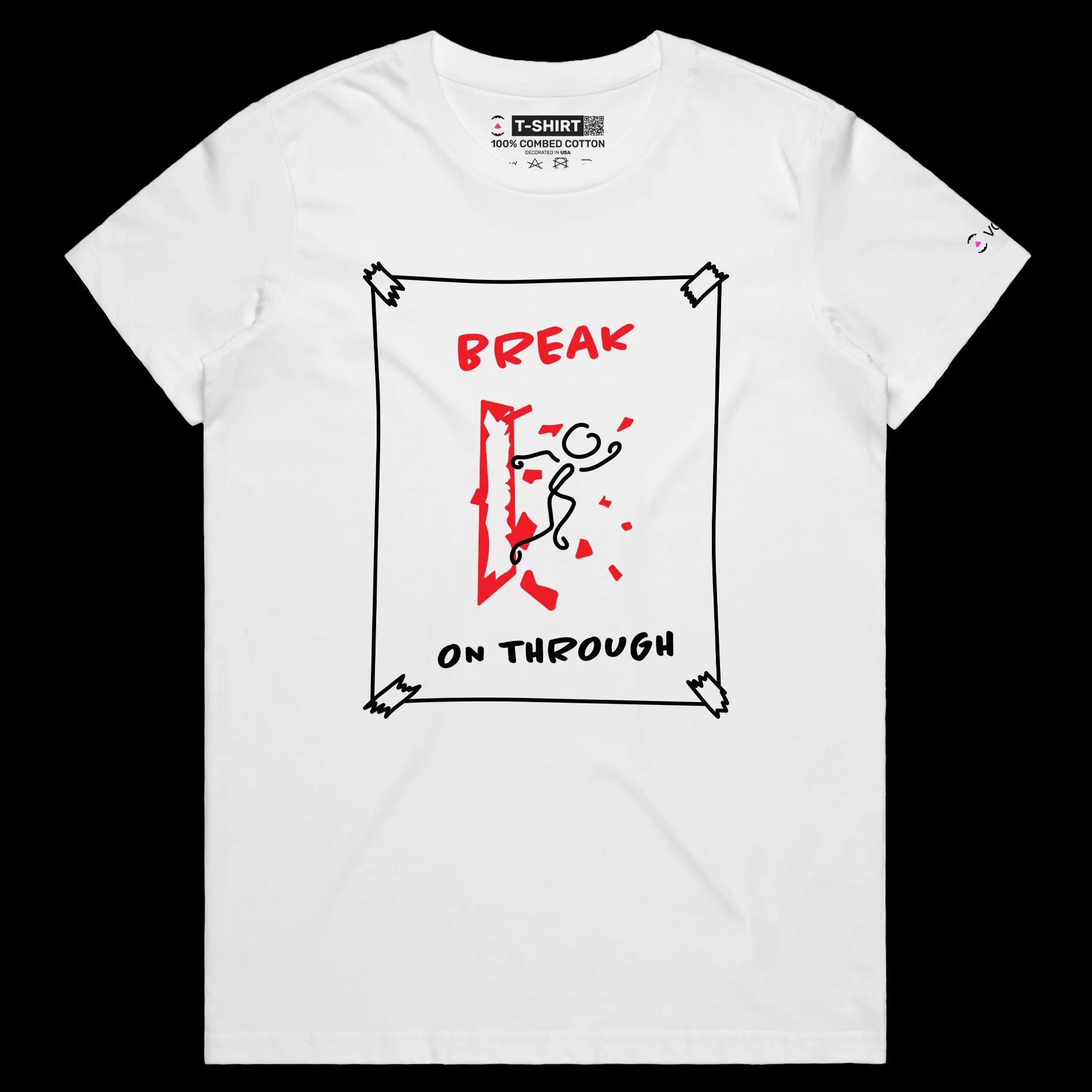 VOICEART White Female Regular Stick Figure Breaking Through Glass Funny T-Shirt Premium Breaking Barriers Motivational Tee