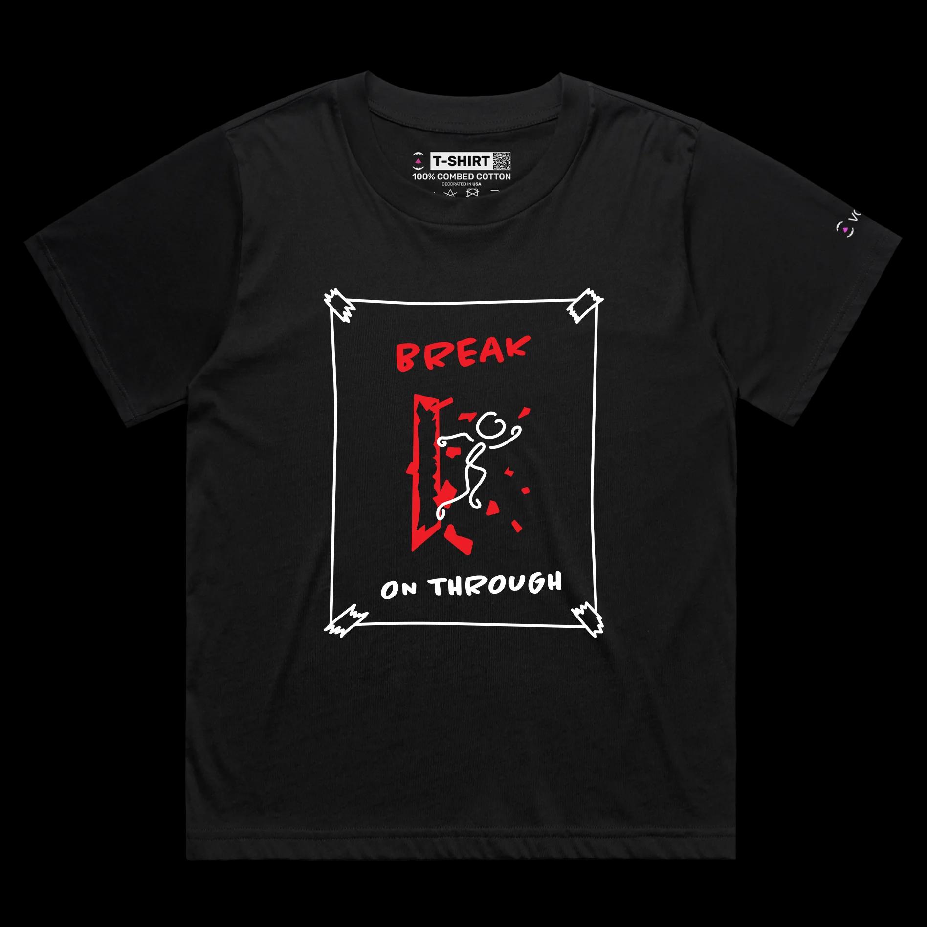 VOICEART Black Female Loose Stick Figure Breaking Through Glass Funny T-Shirt Premium Breaking Barriers Motivational Tee