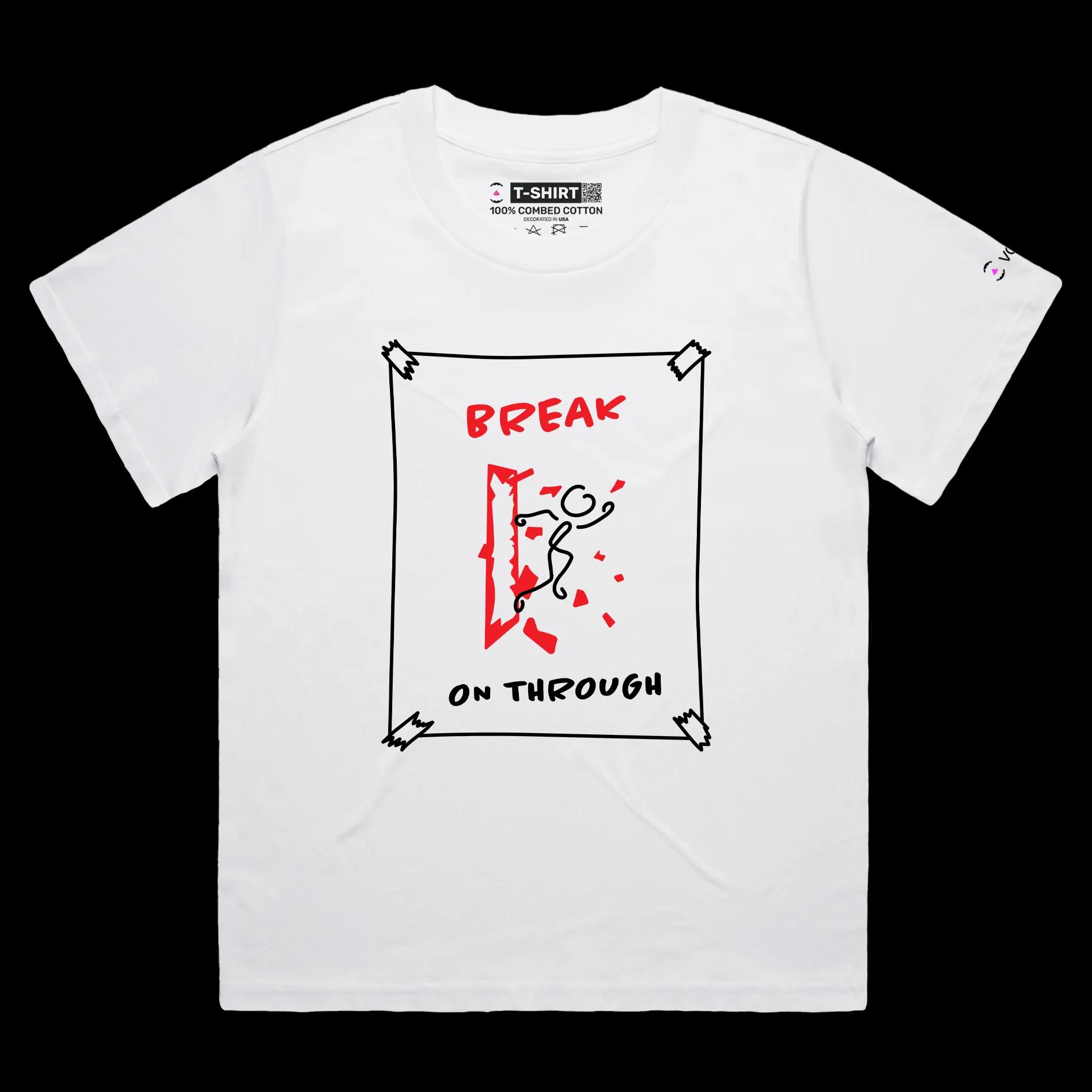 VOICEART White Female Loose Stick Figure Breaking Through Glass Funny T-Shirt Premium Breaking Barriers Motivational Tee