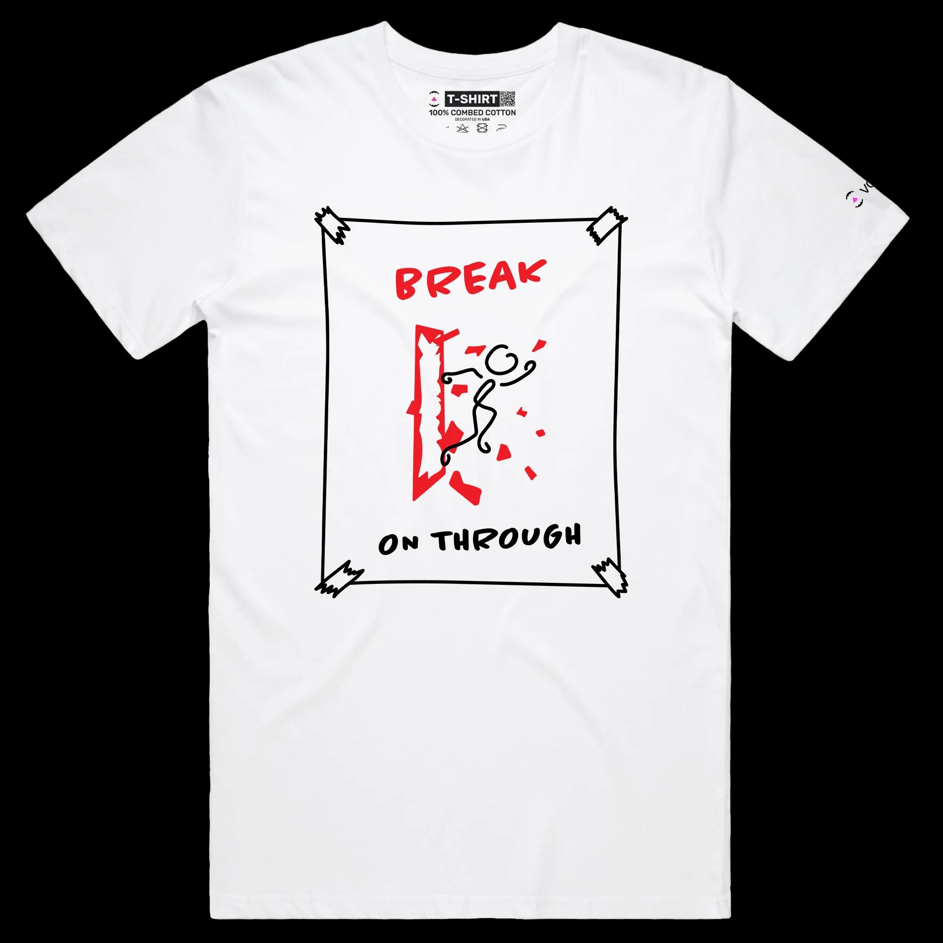 VOICEART White Male Regular Stick Figure Breaking Through Glass Funny T-Shirt Premium Breaking Barriers Motivational Tee
