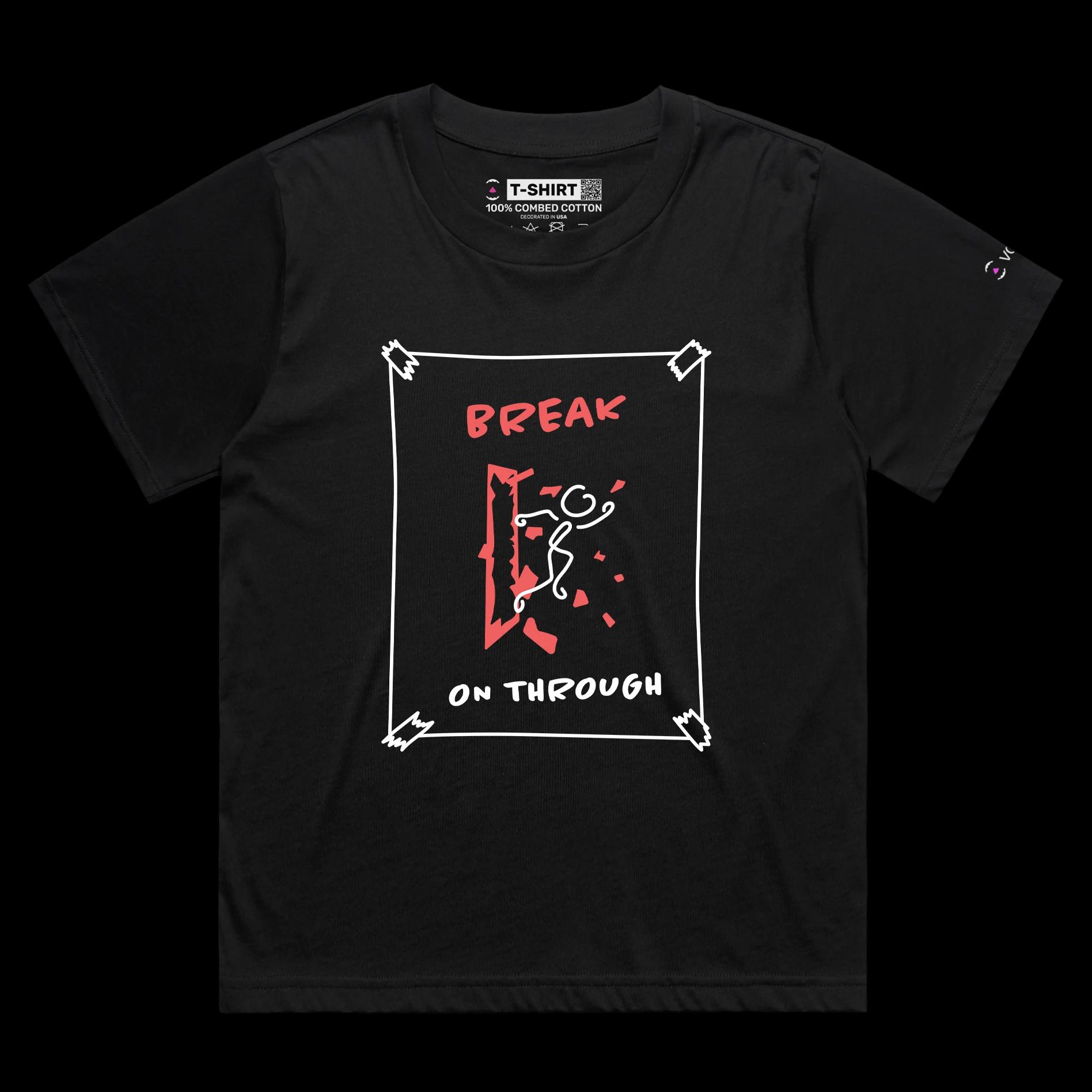 VOICEART Black Female Loose Stick Figure Breaking Through Glass Funny T-Shirt Premium Breaking Barriers Motivational Tee