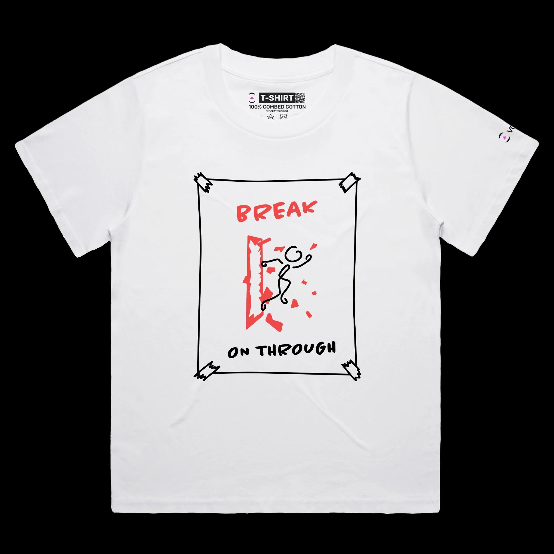 VOICEART White Female Loose Stick Figure Breaking Through Glass Funny T-Shirt Premium Breaking Barriers Motivational Tee