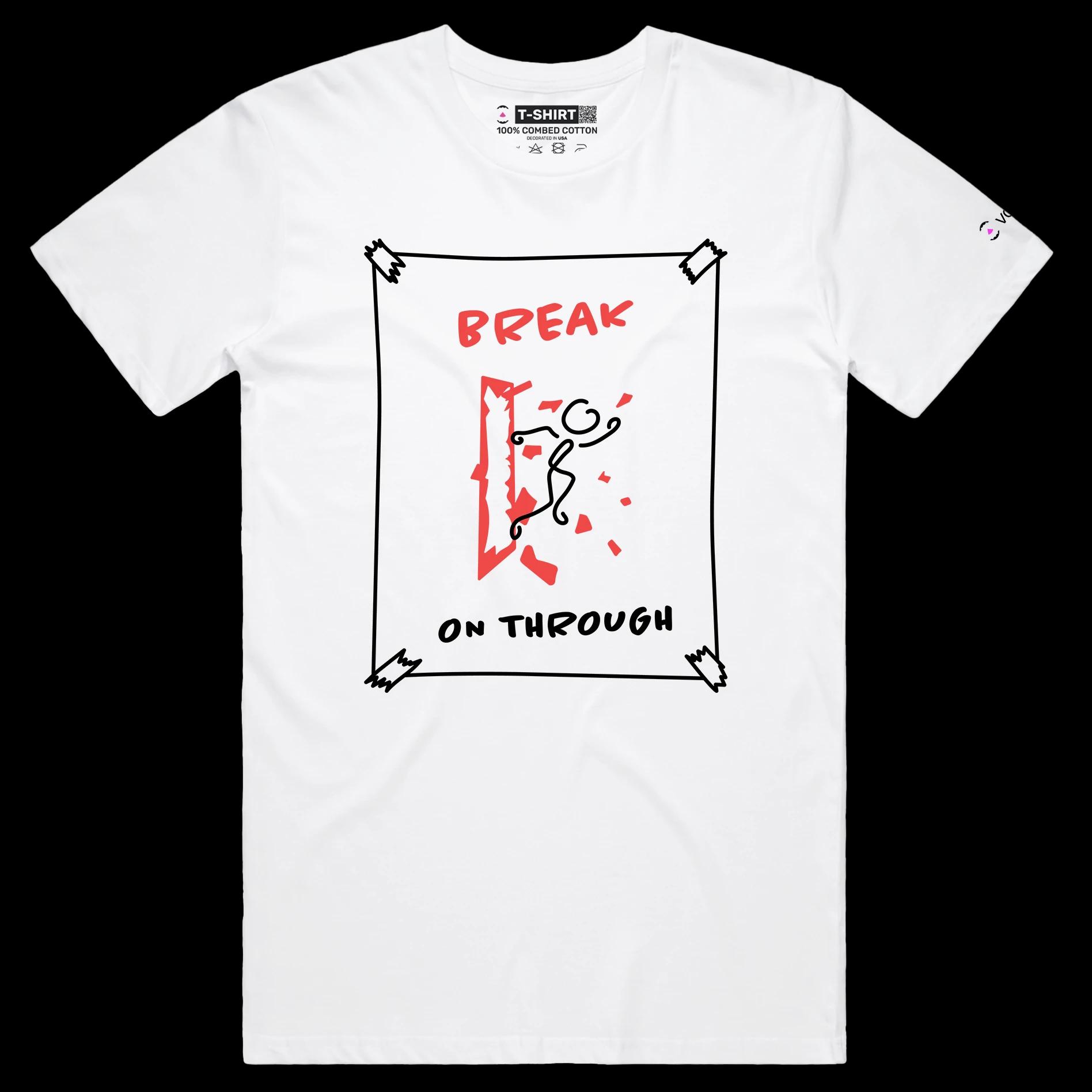 VOICEART White Male Regular Stick Figure Breaking Through Glass Funny T-Shirt Premium Breaking Barriers Motivational Tee