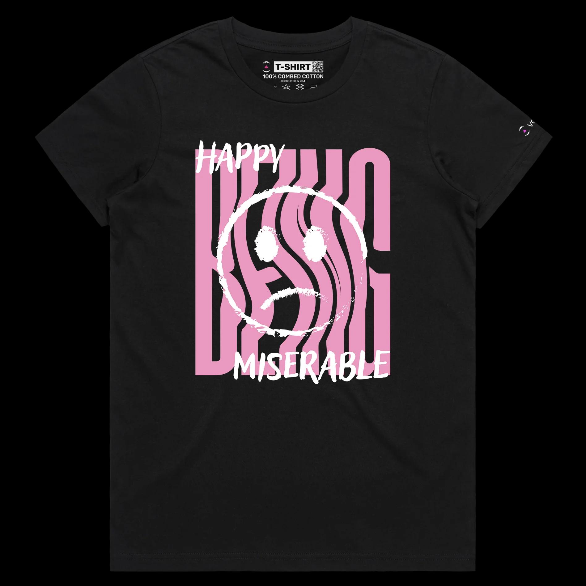 VOICEART Black Female Regular Mixed Feelings Social Issues Shirt Premium Quality Graphic Happy and Miserable Emotions Tee v1