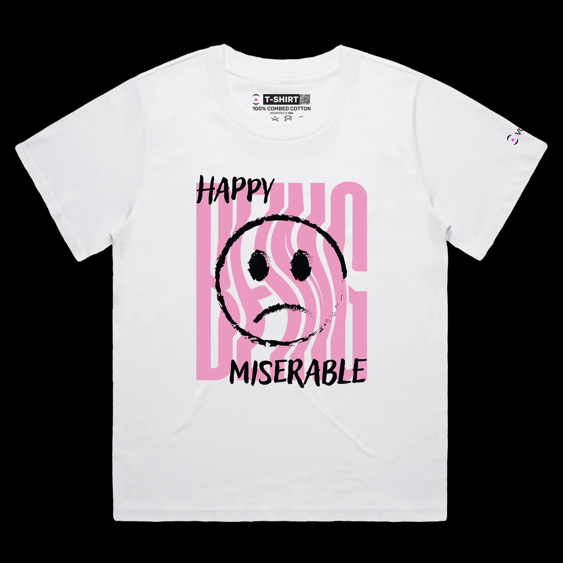 VOICEART White Female Loose Mixed Feelings Social Issues Shirt Premium Quality Graphic Happy and Miserable Emotions Tee v1