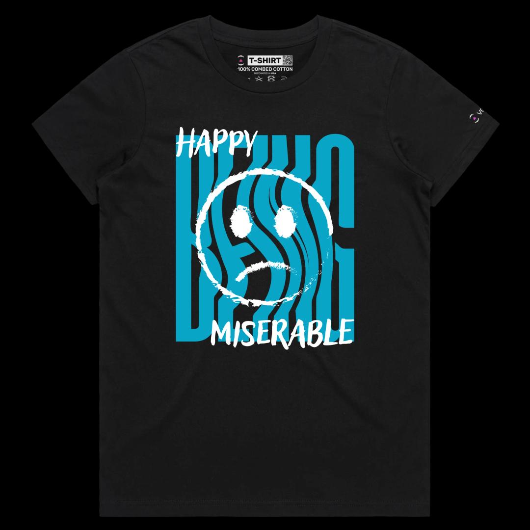 VOICEART Black Female Regular Mixed Feelings Social Issues Shirt Premium Quality Graphic Happy and Miserable Emotions Tee v2