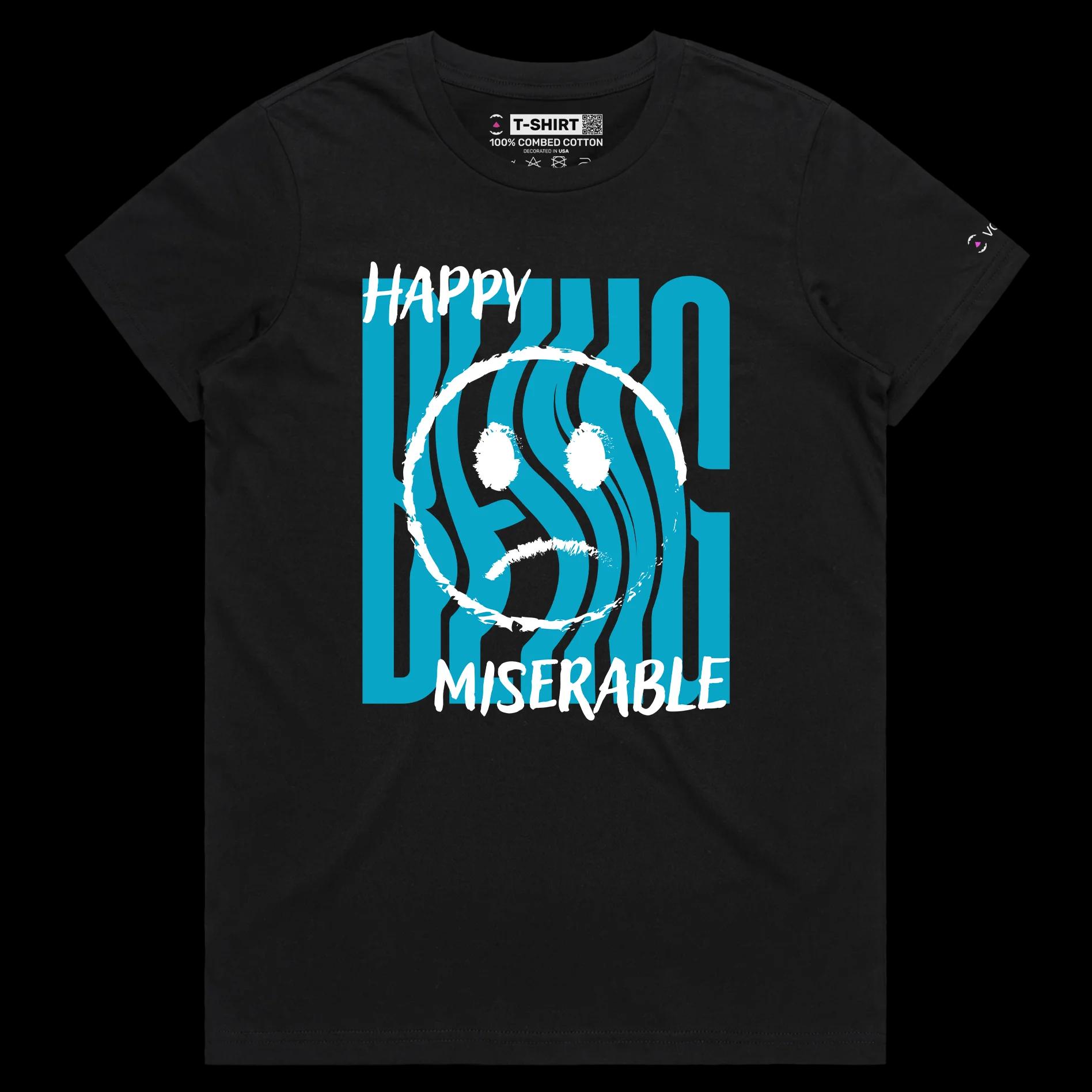 VOICEART Black Female Regular Mixed Feelings Social Issues Shirt Premium Quality Graphic Happy and Miserable Emotions Tee v2