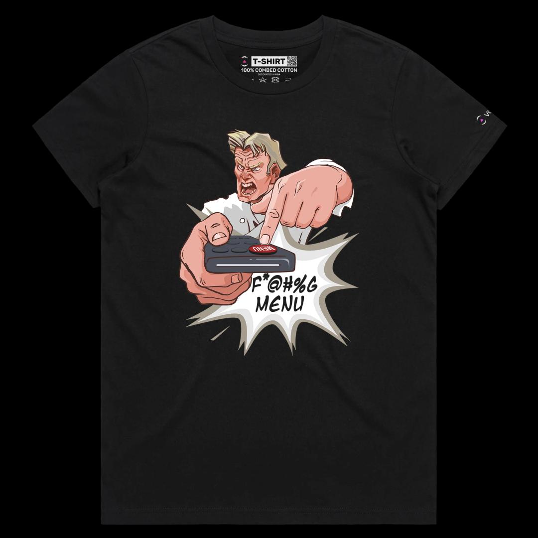 VOICEART Black Female Regular Chef Gordon with Remote Control Funny T-Shirt Premium Graphic Popular Chef and Aggressive Tee