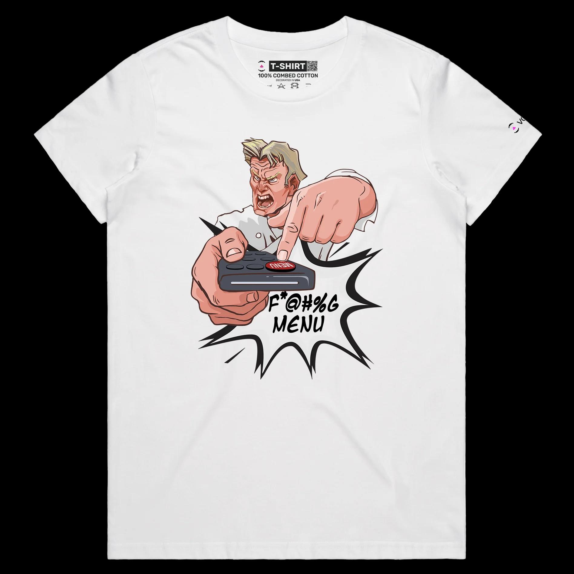 VOICEART White Female Regular Chef Gordon with Remote Control Funny T-Shirt Premium Graphic Popular Chef and Aggressive Tee