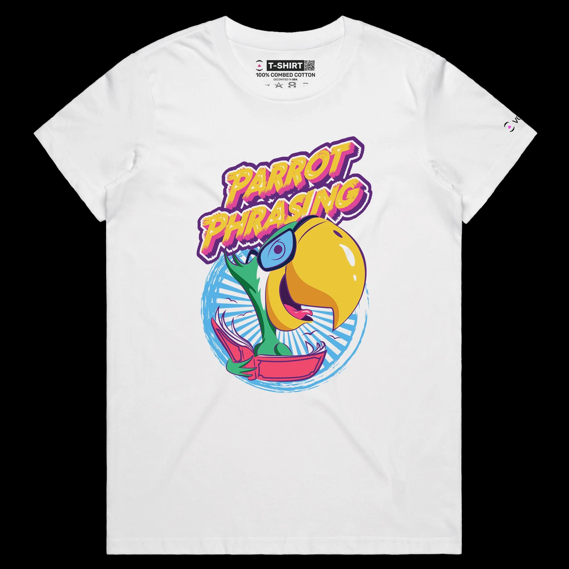 VOICEART White Female Regular Parrot Phrasing Funny Animals T-Shirt Premium Quality Birds Wordplay Tee with Double Meaning