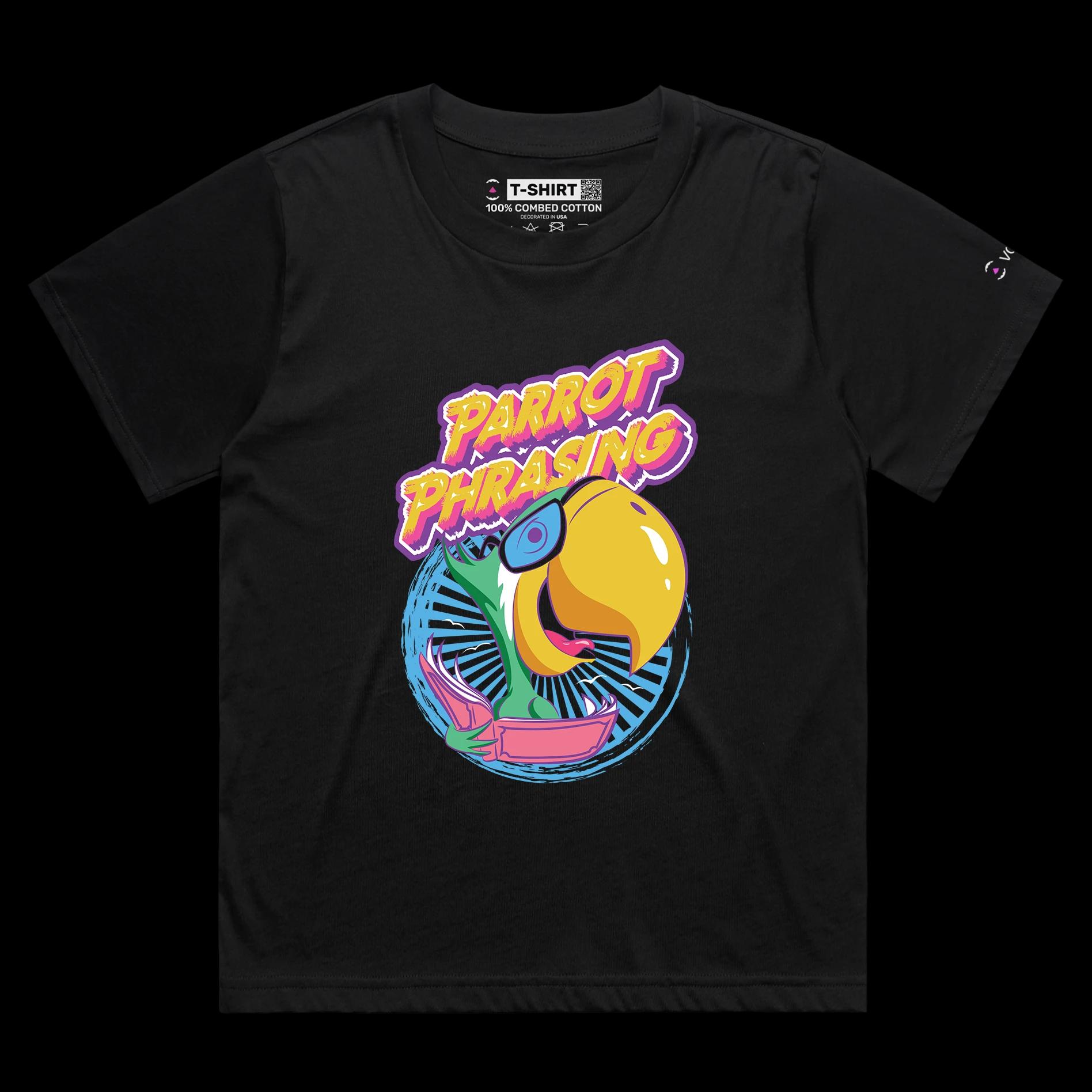 VOICEART Black Female Loose Parrot Phrasing Funny Animals T-Shirt Premium Quality Birds Wordplay Tee with Double Meaning