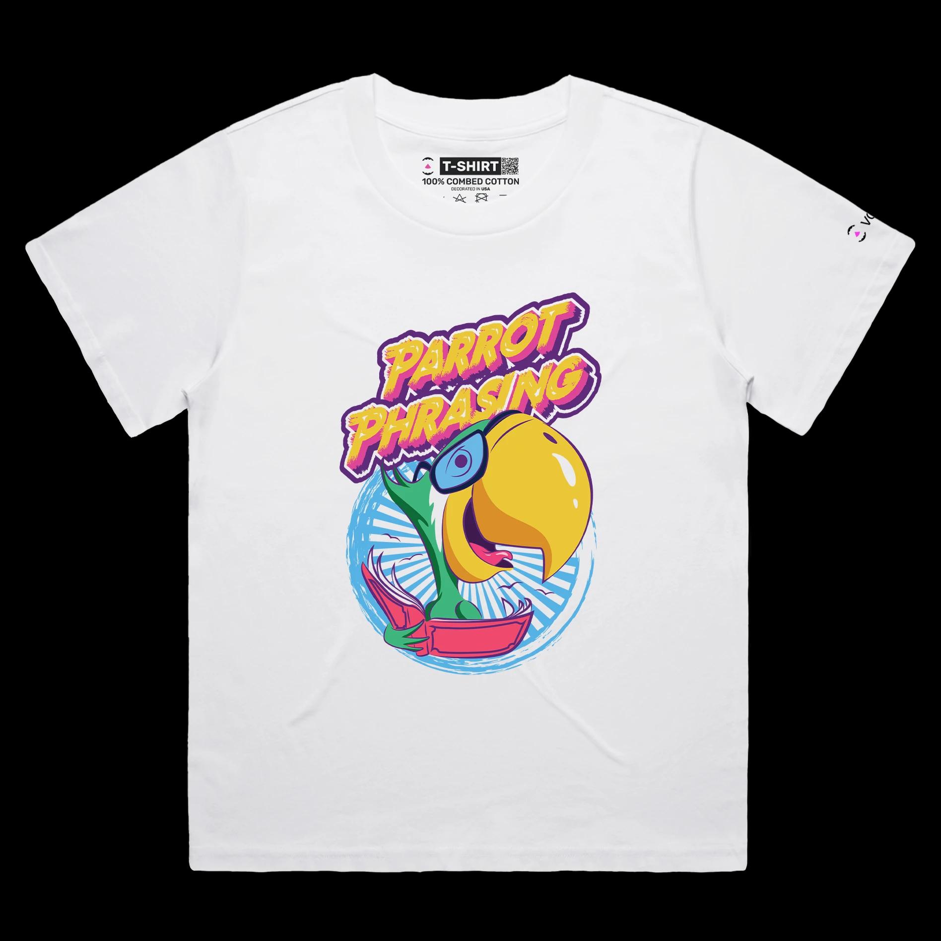 VOICEART White Female Loose Parrot Phrasing Funny Animals T-Shirt Premium Quality Birds Wordplay Tee with Double Meaning