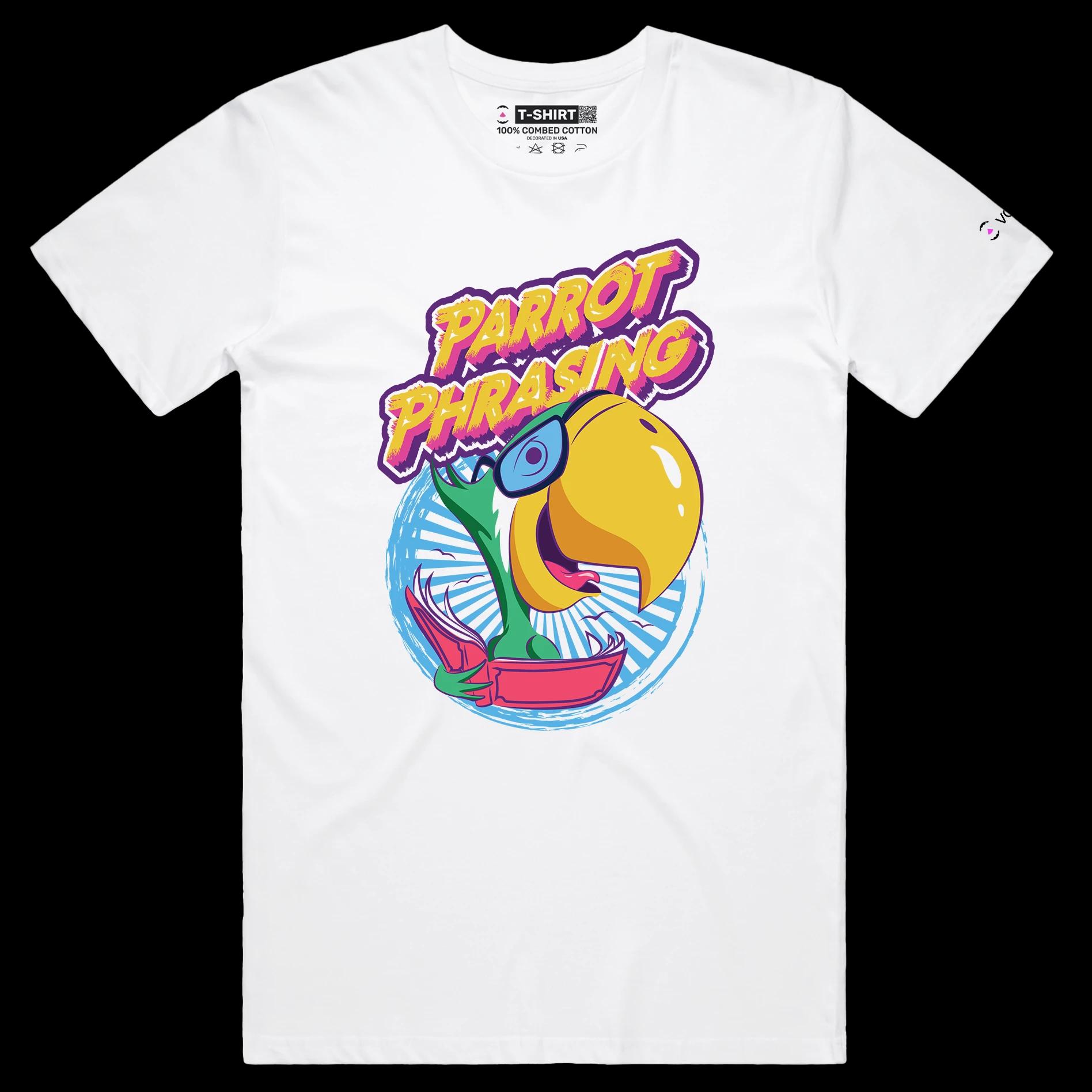 VOICEART White Male Regular Parrot Phrasing Funny Animals T-Shirt Premium Quality Birds Wordplay Tee with Double Meaning
