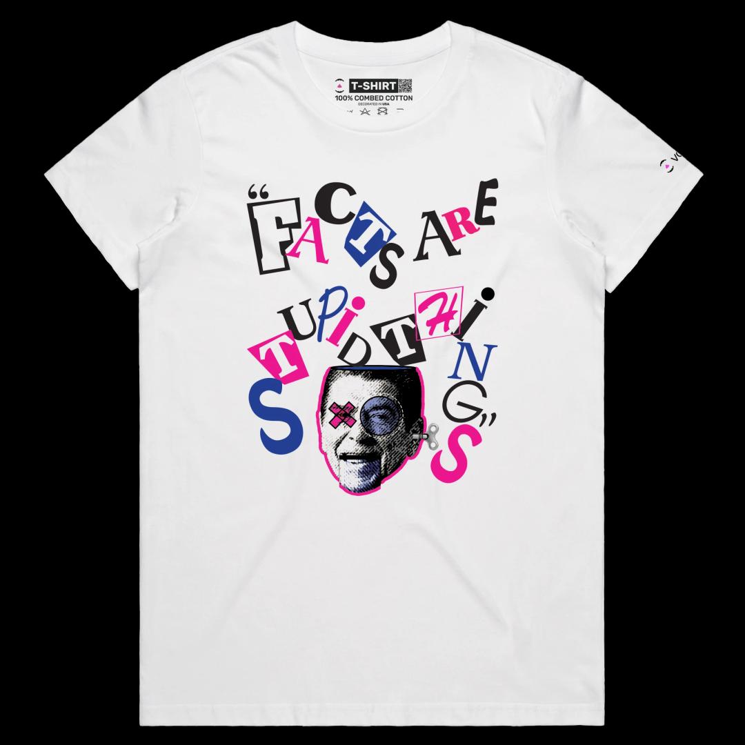 VOICEART White Female Regular President Reagan Funny Quote Political T-Shirt Premium Design Facts Are Stupid Things Tee