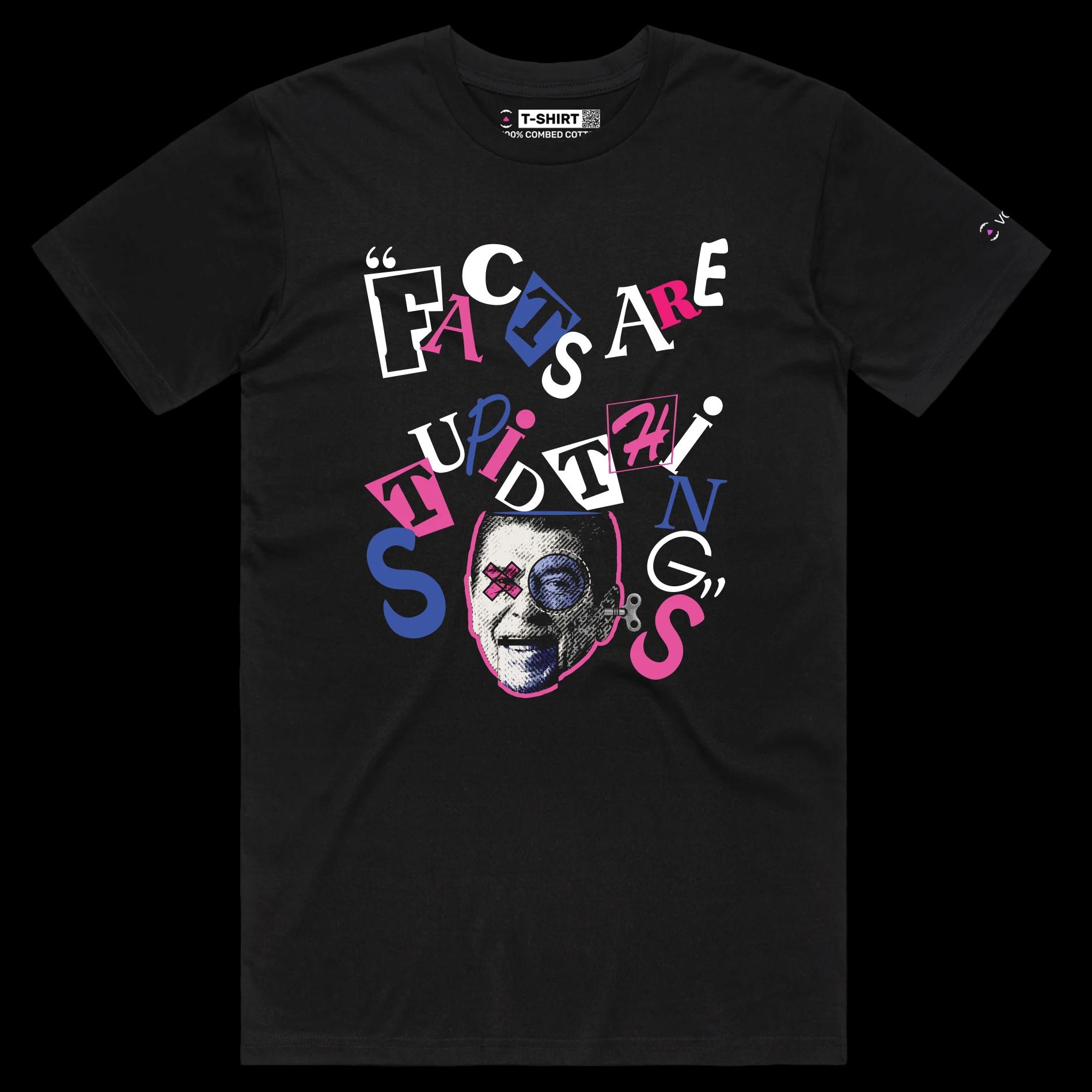 VOICEART Black Male Regular President Reagan Funny Quote Political T-Shirt Premium Design Facts Are Stupid Things Tee