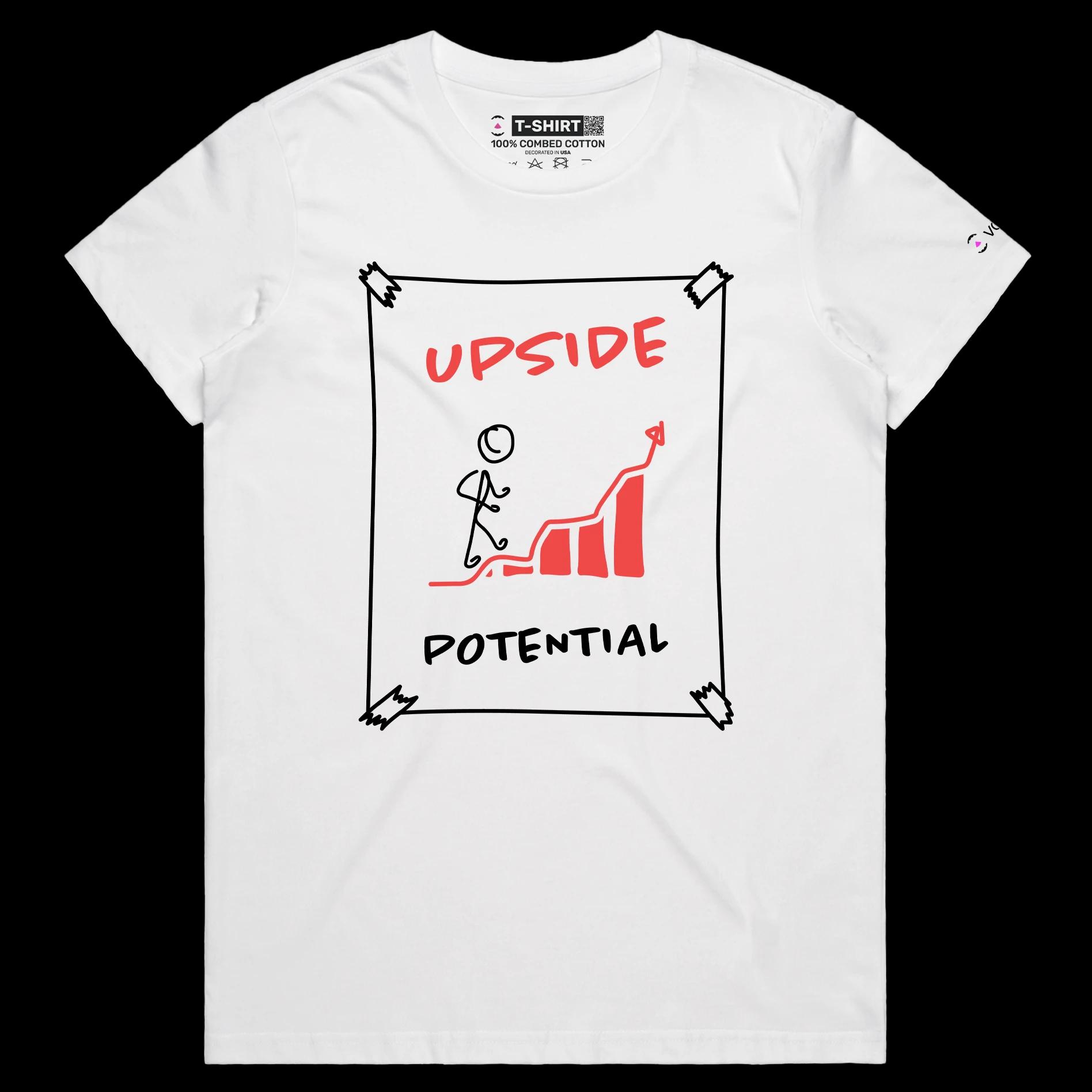VOICEART White Female Regular Upside Potential Motivational T-shirt Premium Graphic Figure Climbing Up the Chart Optimism Tee