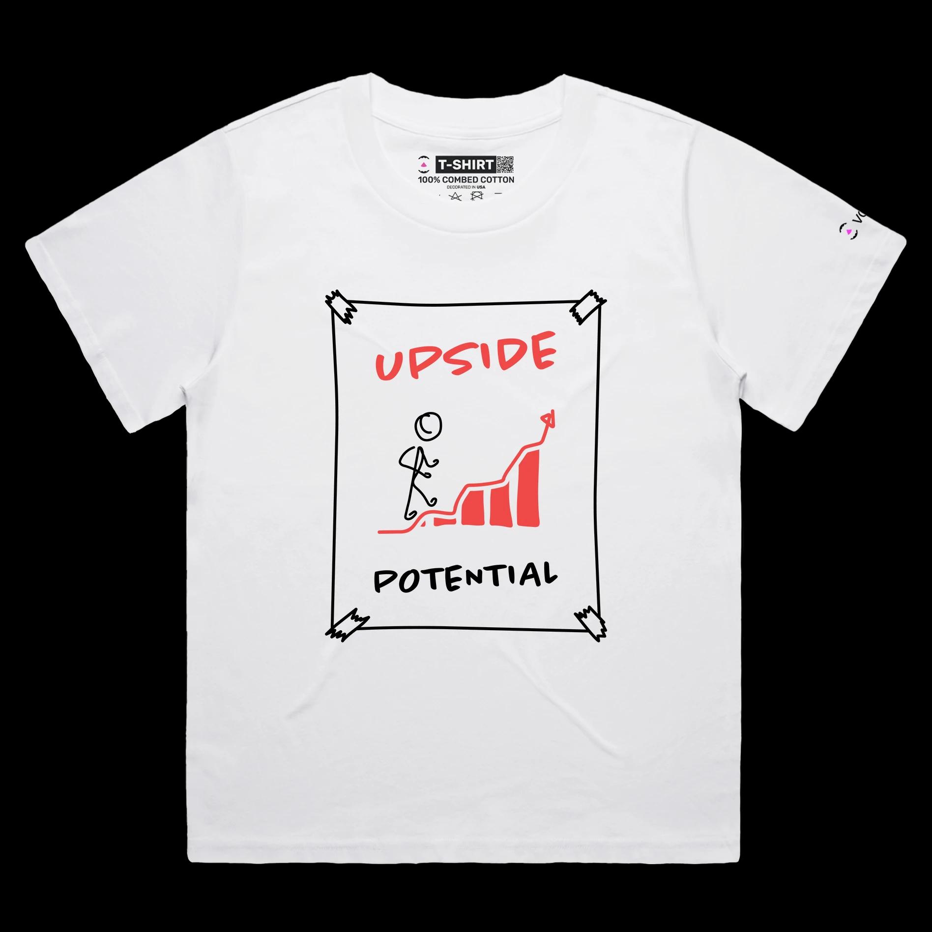 VOICEART White Female Loose Upside Potential Motivational T-shirt Premium Graphic Figure Climbing Up the Chart Optimism Tee