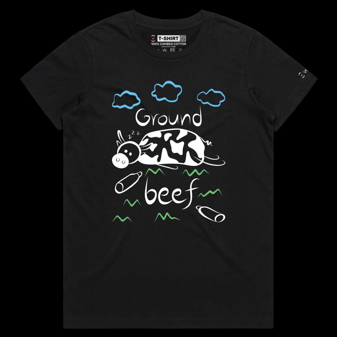 VOICEART Black Female Regular Cow Ground Beef Funny Animals T-Shirt with Premium Quality Graphic Livestock Farm Wordplay Tee