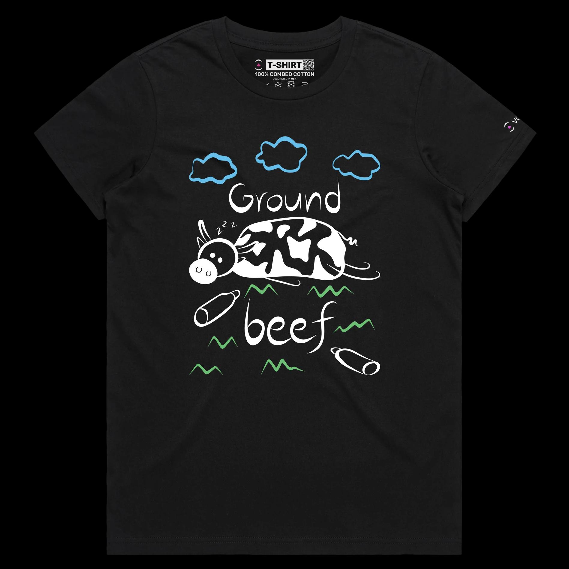 VOICEART Black Female Regular Cow Ground Beef Funny Animals T-Shirt with Premium Quality Graphic Livestock Farm Wordplay Tee