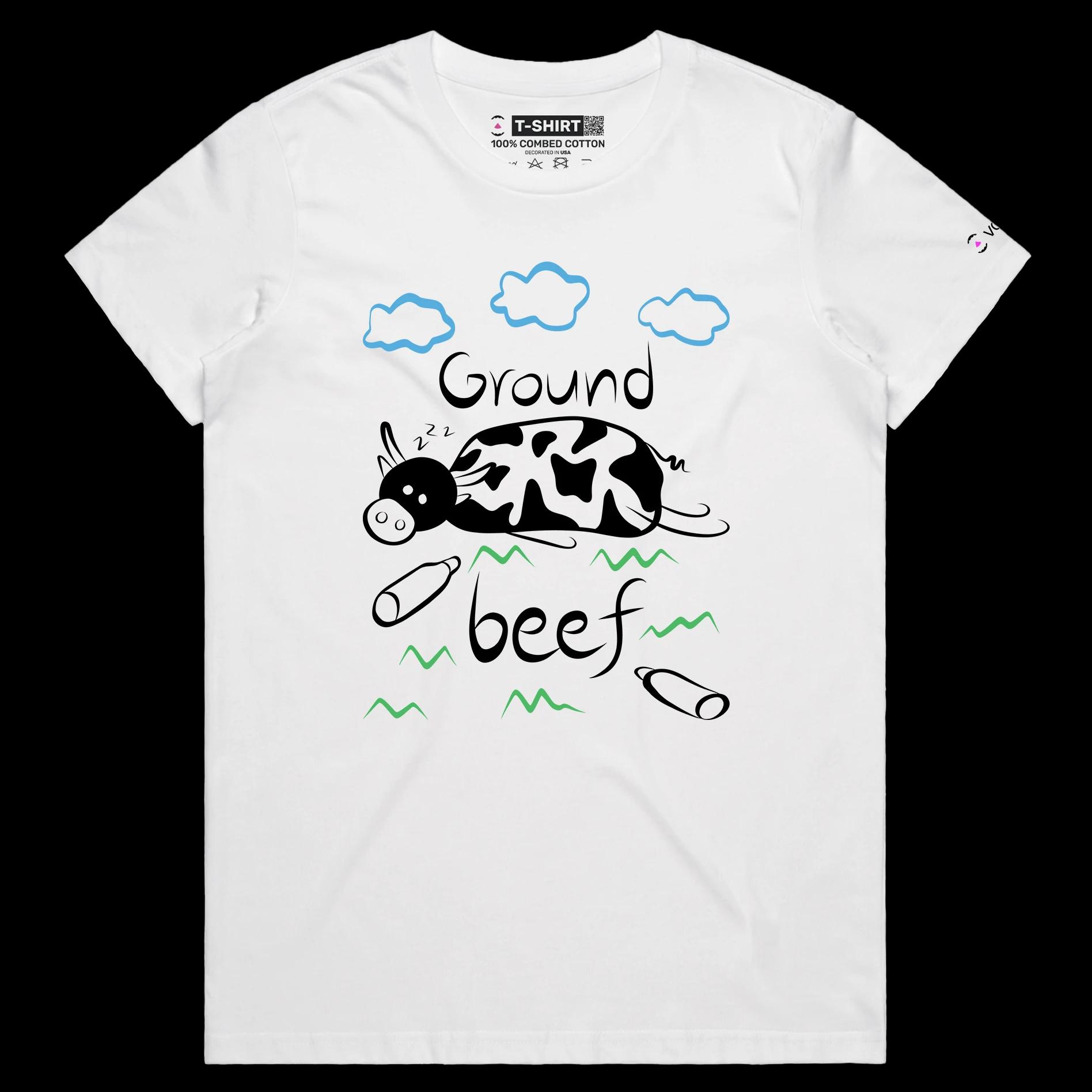 VOICEART White Female Regular Cow Ground Beef Funny Animals T-Shirt with Premium Quality Graphic Livestock Farm Wordplay Tee