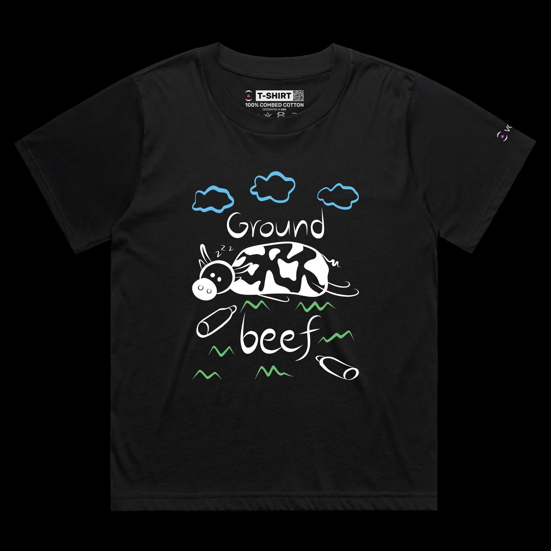 VOICEART Black Female Loose Cow Ground Beef Funny Animals T-Shirt with Premium Quality Graphic Livestock Farm Wordplay Tee